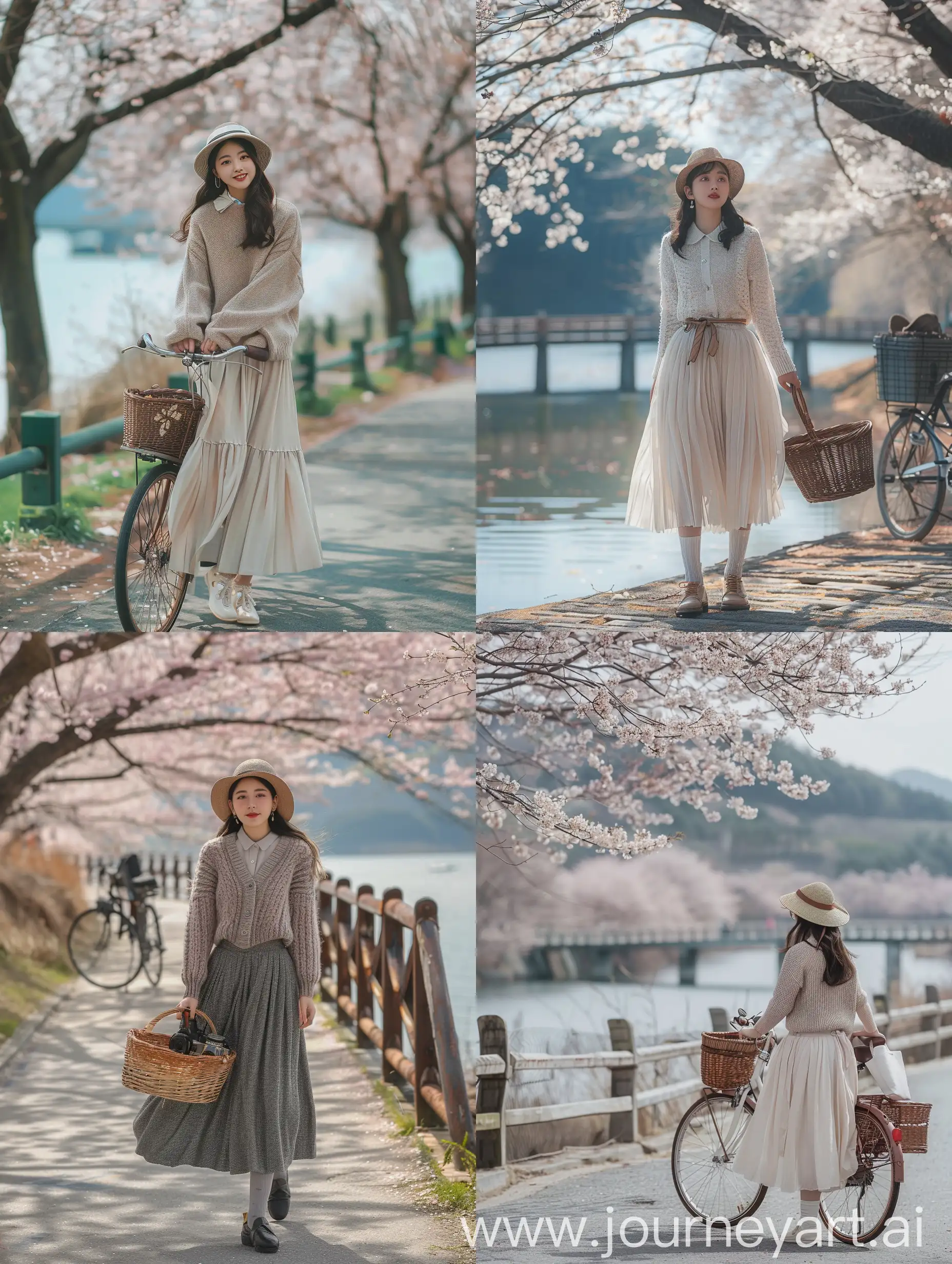 Stylish-Korean-Woman-Walking-with-Bicycle-by-Sakura-Trees