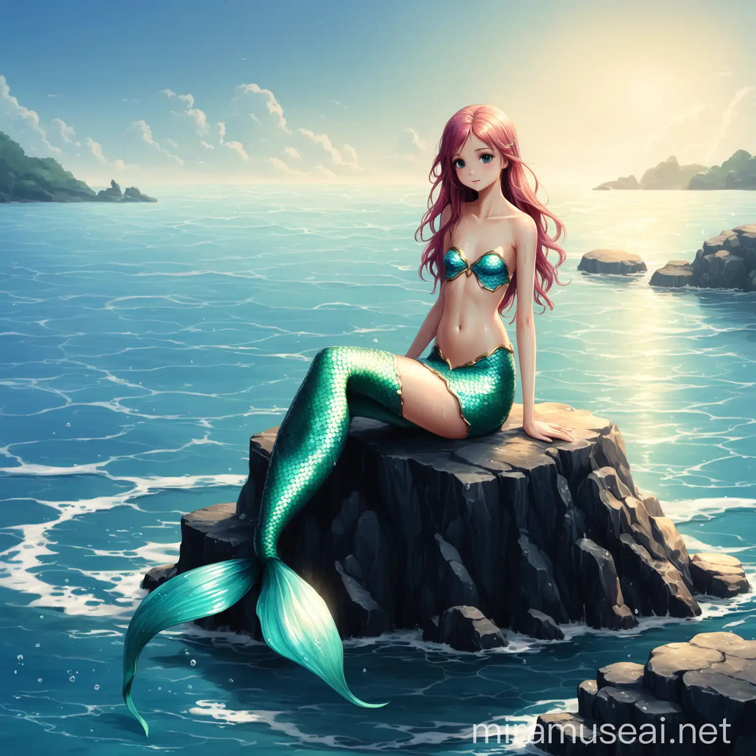 Fullbody, girl, mermaid, adult, flat small chest, thin, slim waist, sexy tummy, sea background, sitting on a rock, wet