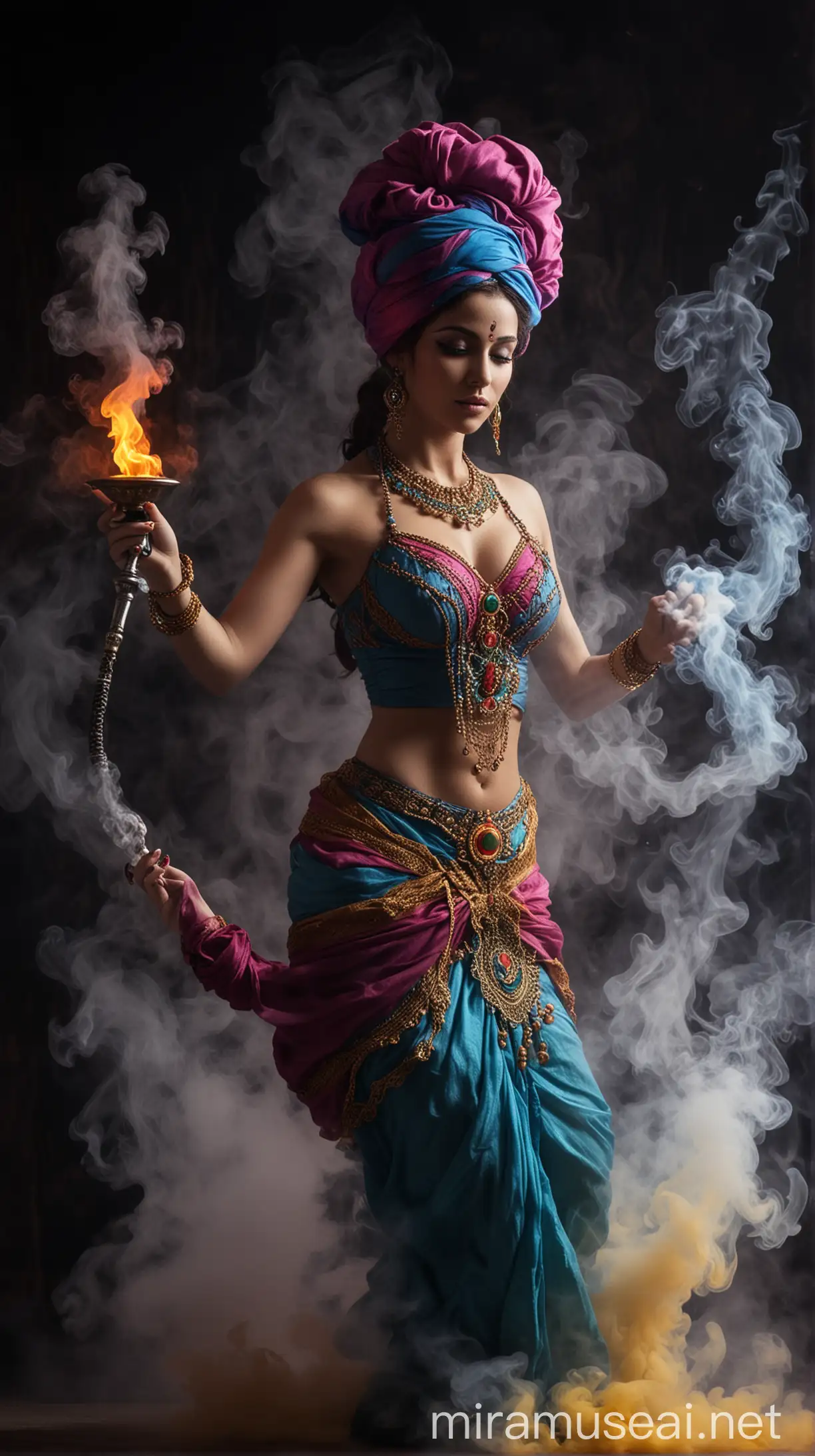 Colorful, Female genie, rising out of smoke,  from an Hookah