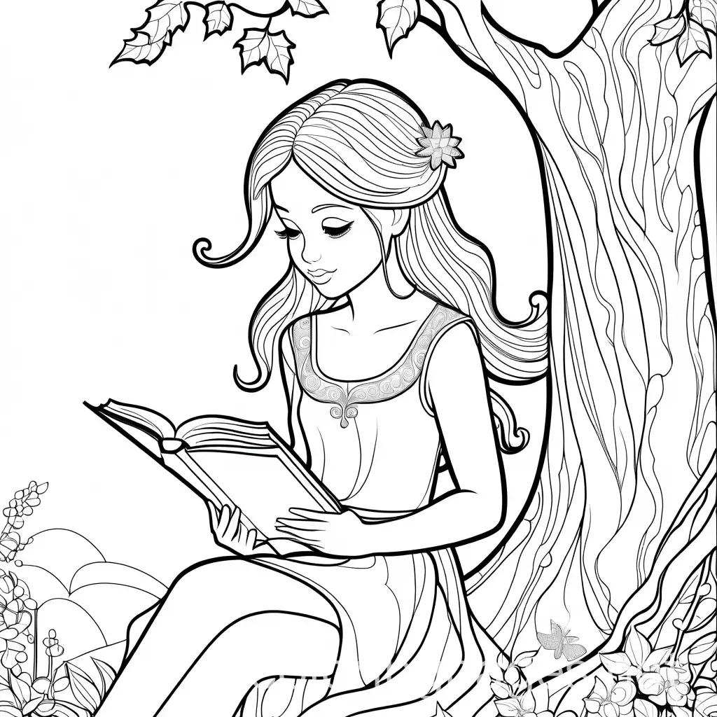 Pretty-Fae-with-Makeup-Reading-a-Book-in-a-Tree-Coloring-Page