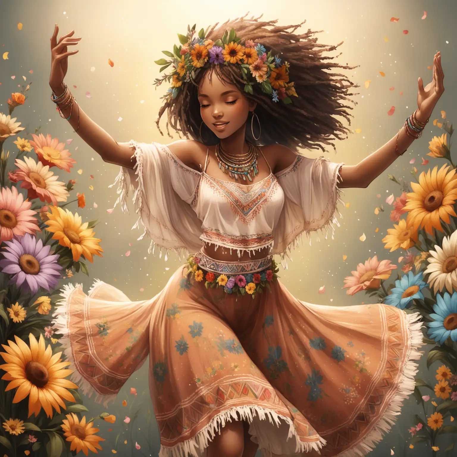 Boho African American Girl Dancing with Flowers