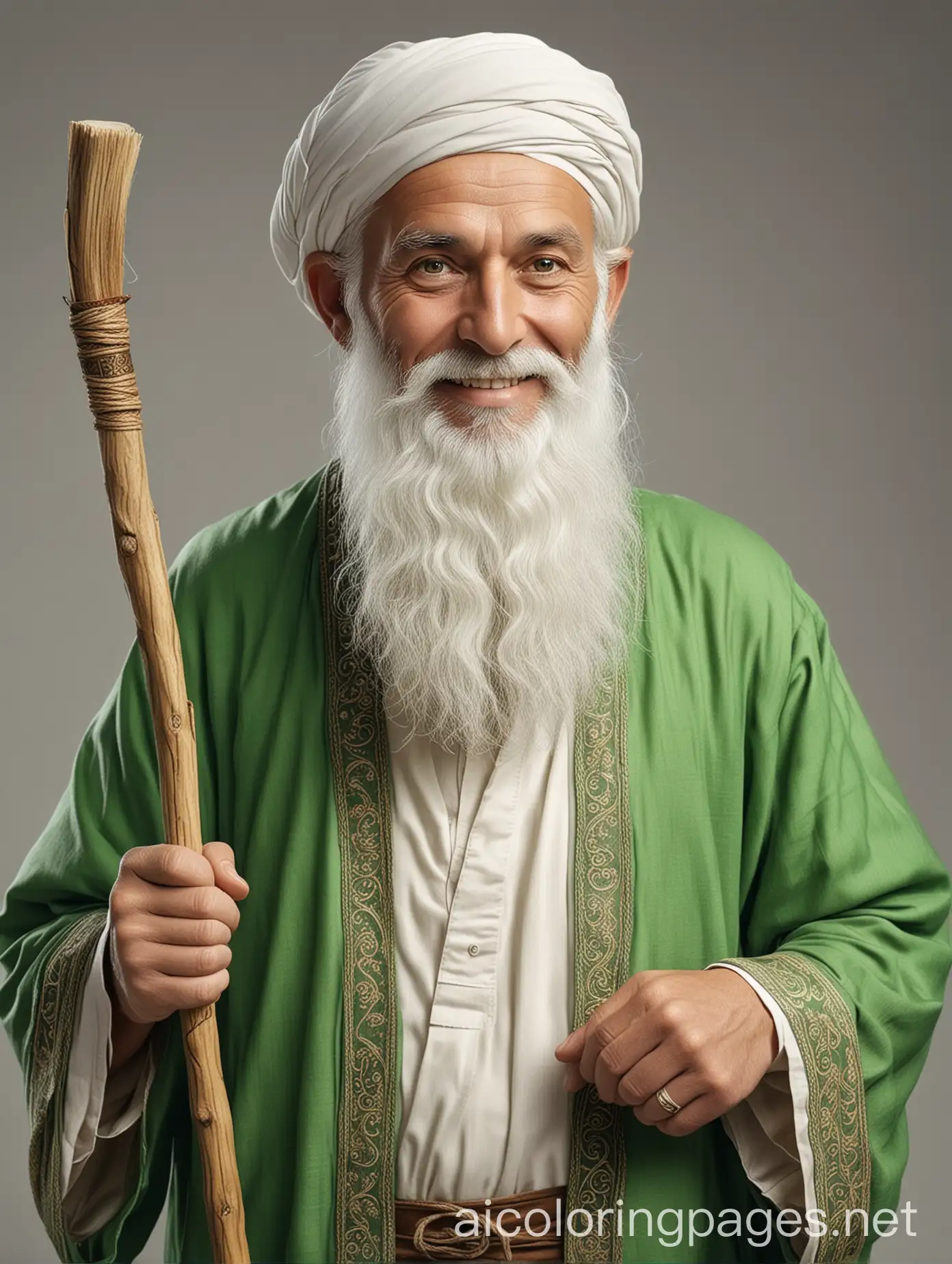 A wise middle-aged man from the Islamic era, with white skin and a long thick white beard, staring at the lens, smiling lightly, while standing, with a stick in his hand, wearing beautiful green clothes, very realistic, 4K, vintage, so that the whole body appears, the successor of the pictures is an old book library. , Coloring Page, black and white, line art, white background, Simplicity, Ample White Space. The background of the coloring page is plain white to make it easy for young children to color within the lines. The outlines of all the subjects are easy to distinguish, making it simple for kids to color without too much difficulty