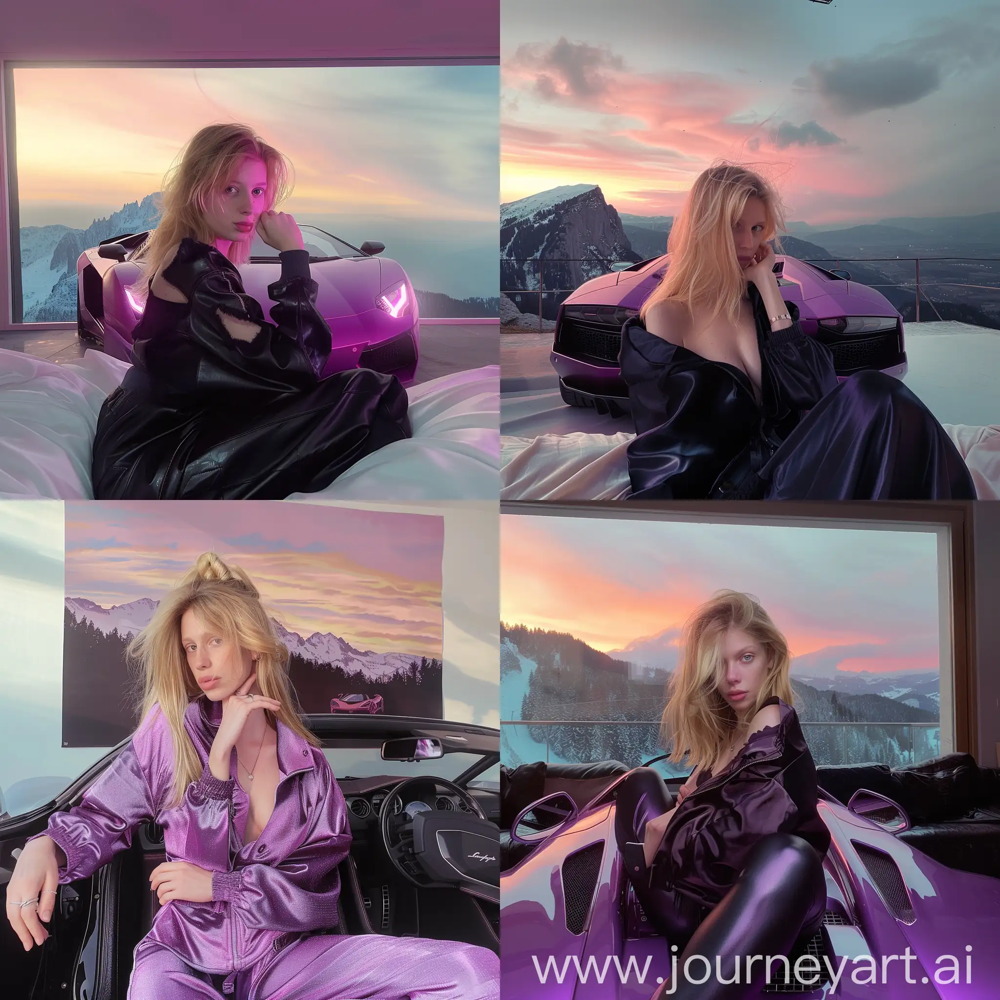 Girl-Sitting-on-Purple-Lamborghini-with-Mountain-and-Sunset-Background-in-Pink-Hues