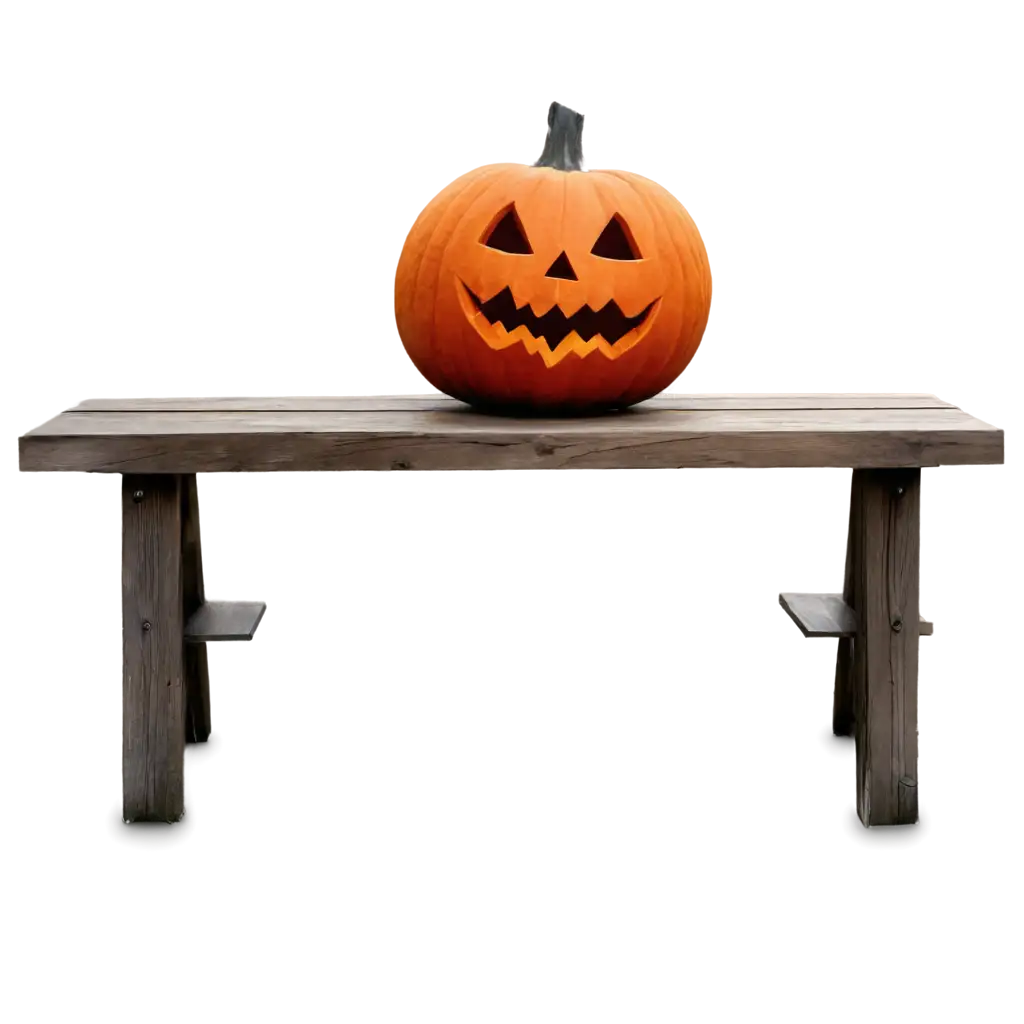 One eerie Jack O' Lantern for Halloween, complete with an evil face and eyes, rests on a wooden bench and table against the foggy gray night sky of the coast, providing enough opportunity for product placement.
