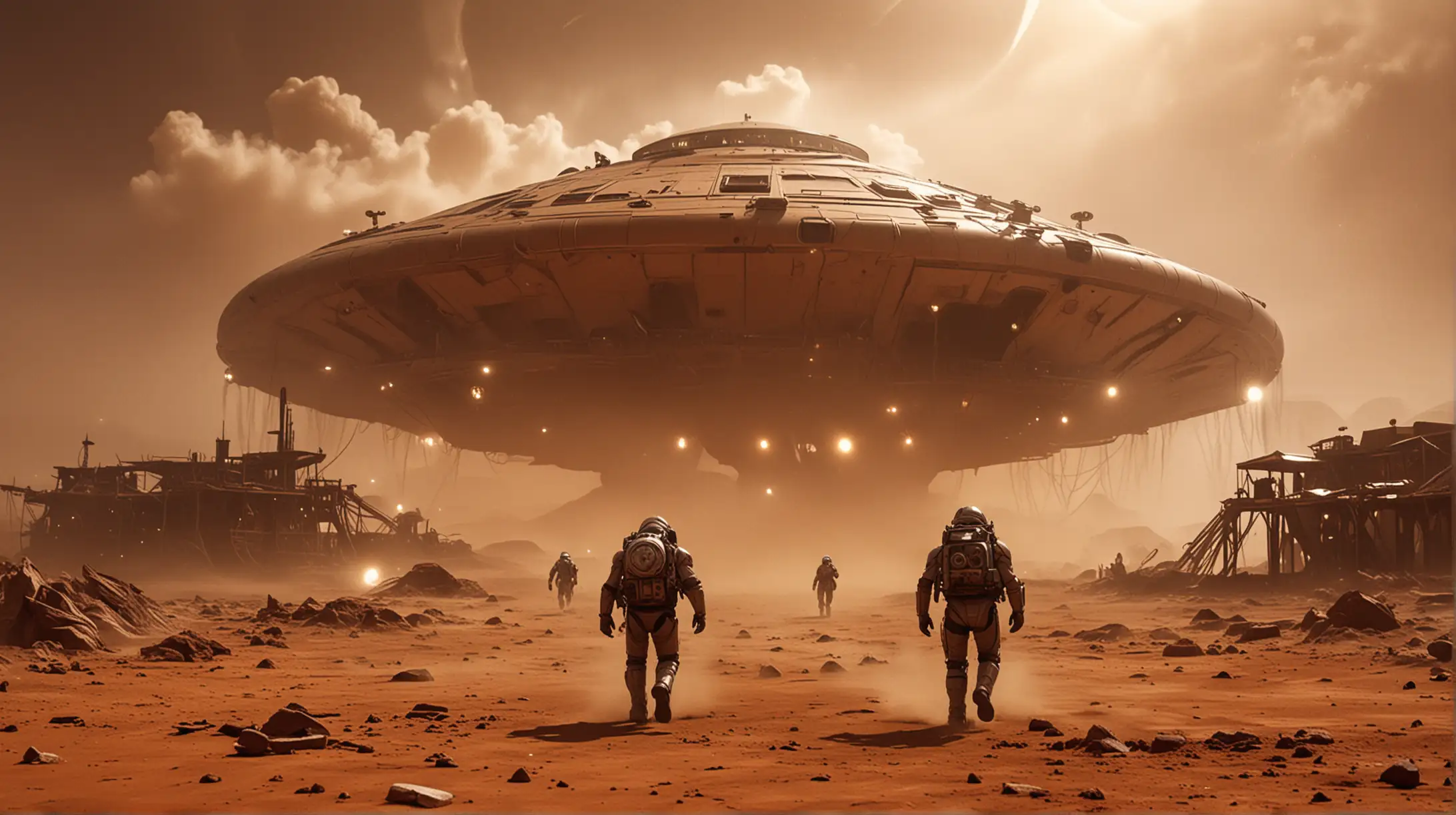 The great sandstorm on Mars destroys people's steampunk building complex, some people in spacesuits run towards a steampunk flying saucer, it is dark, all complex lights are on