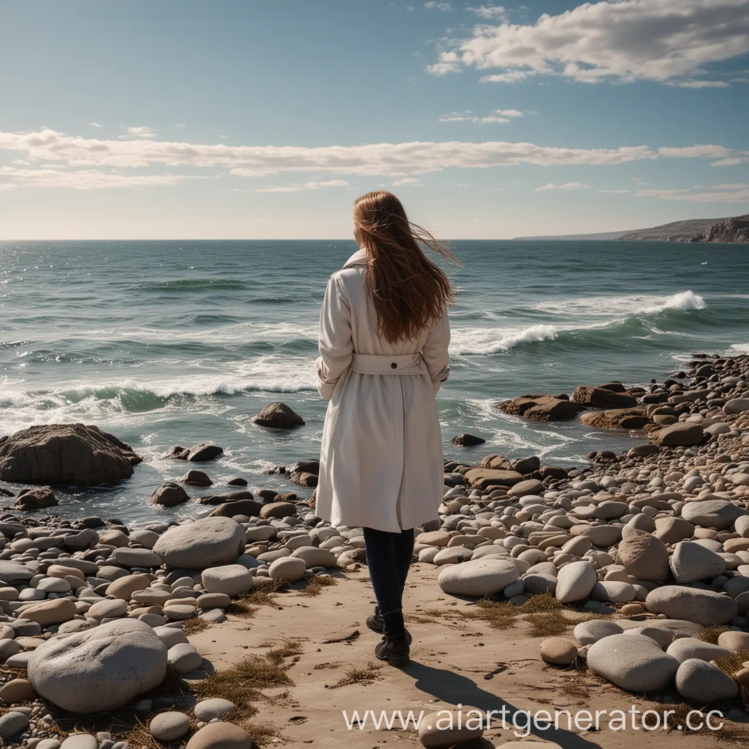 Happy-Girl-in-Beautiful-Coat-by-Seaside-Beach-with-Round-Stones