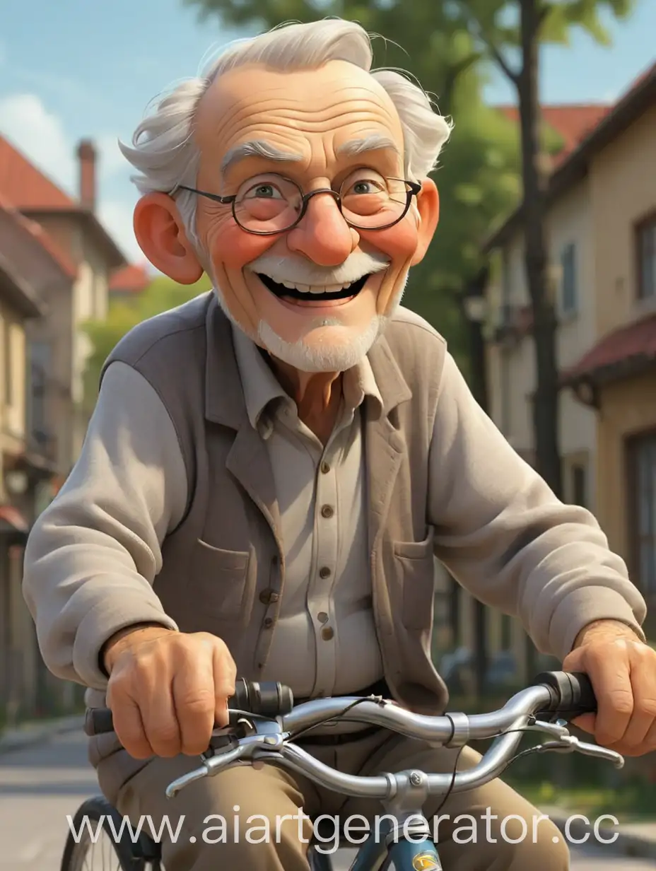 мультяшный добрый милый дедушка на велосипеде улыбается
