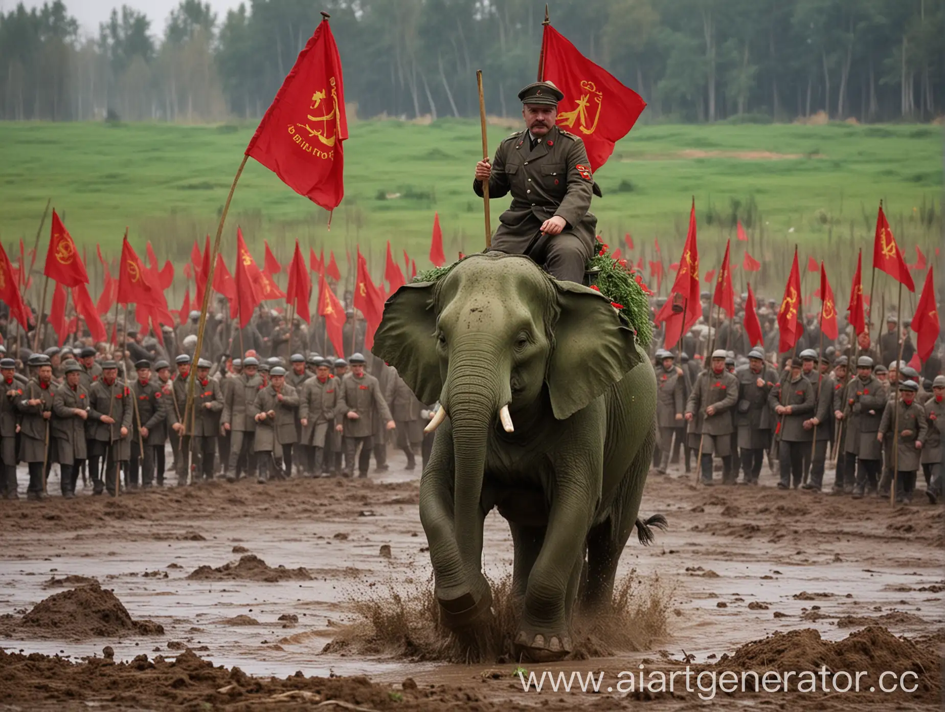 Lenin-Riding-Green-Plush-Elephant-with-Red-Flags-in-Muddy-Field