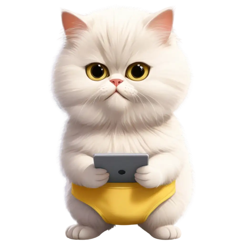 A new born baby comic white Persian cat character wearing yellow diaper,working with its gray square tablet it is  holding in its hands