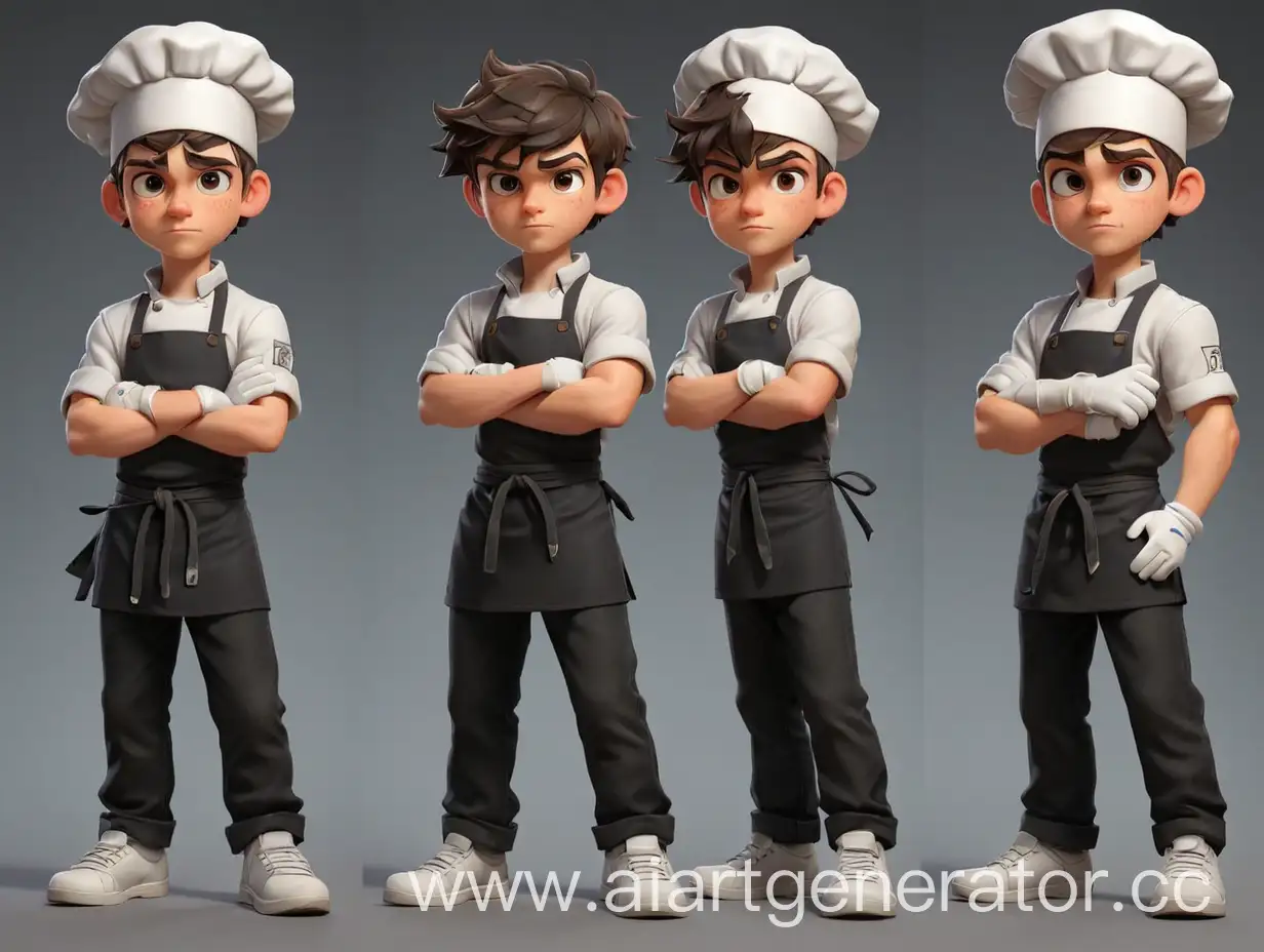 boy in cartoon style, wearing a chef's dark apron, light shirt, white gloves, game character sheet reference, Arms crossed on the chest, full-body shot, two different poses, loose black jeans, sneakers full body, 2 poses, maximum detail, best quality, HD, gorgeous light and shadow, detailed design, 3D quality