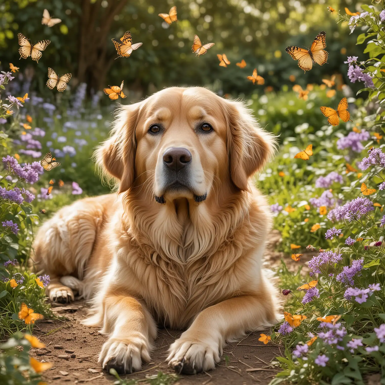 Golden Retriever lounging in a sunny park, with detailed fur and expressive eyes, surrounded by fluttering butterflies and blooming flowers; Style: wildlife photography, vibrant.