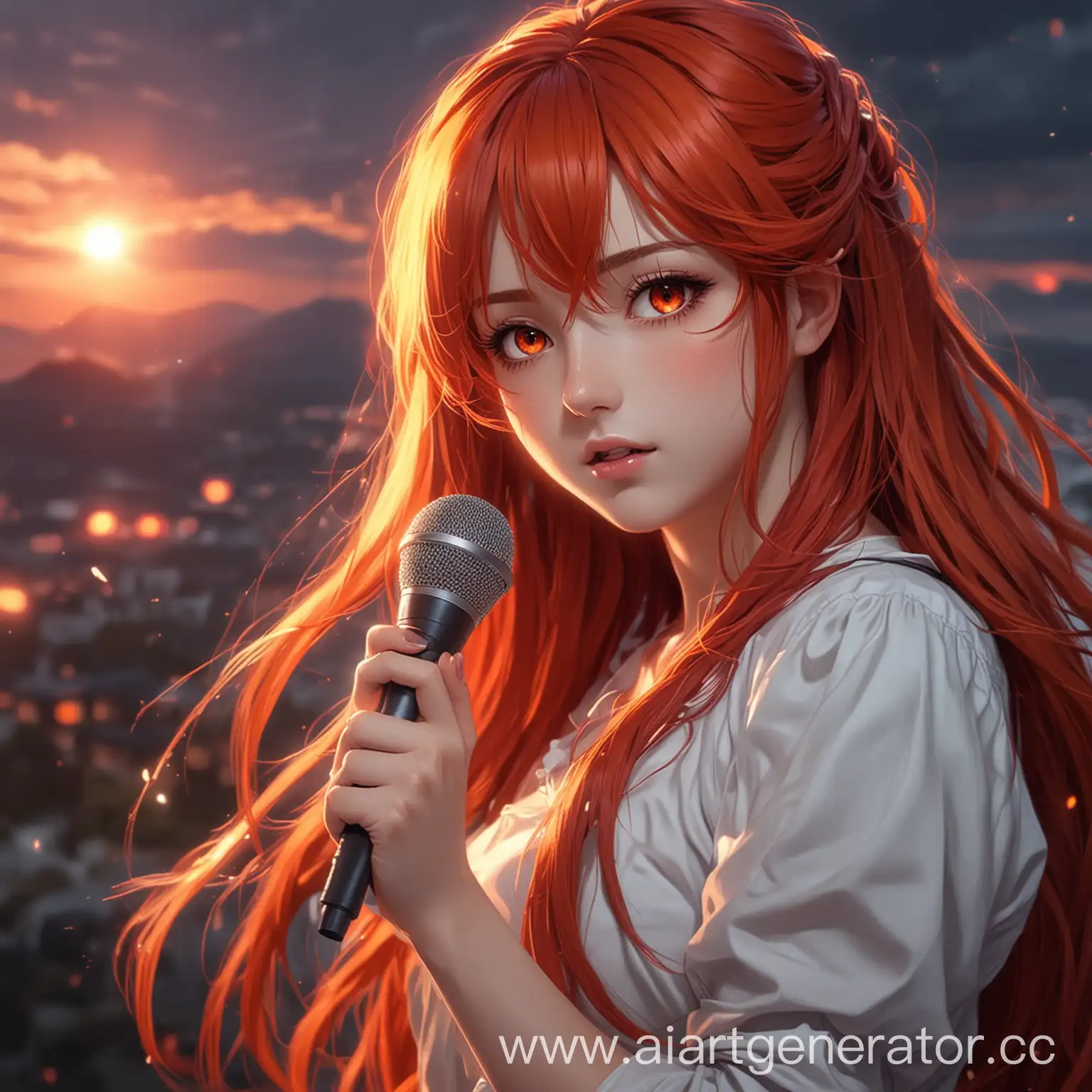 Anime-Girl-Singing-with-Red-Hair-in-Romantic-Sunset-Scene