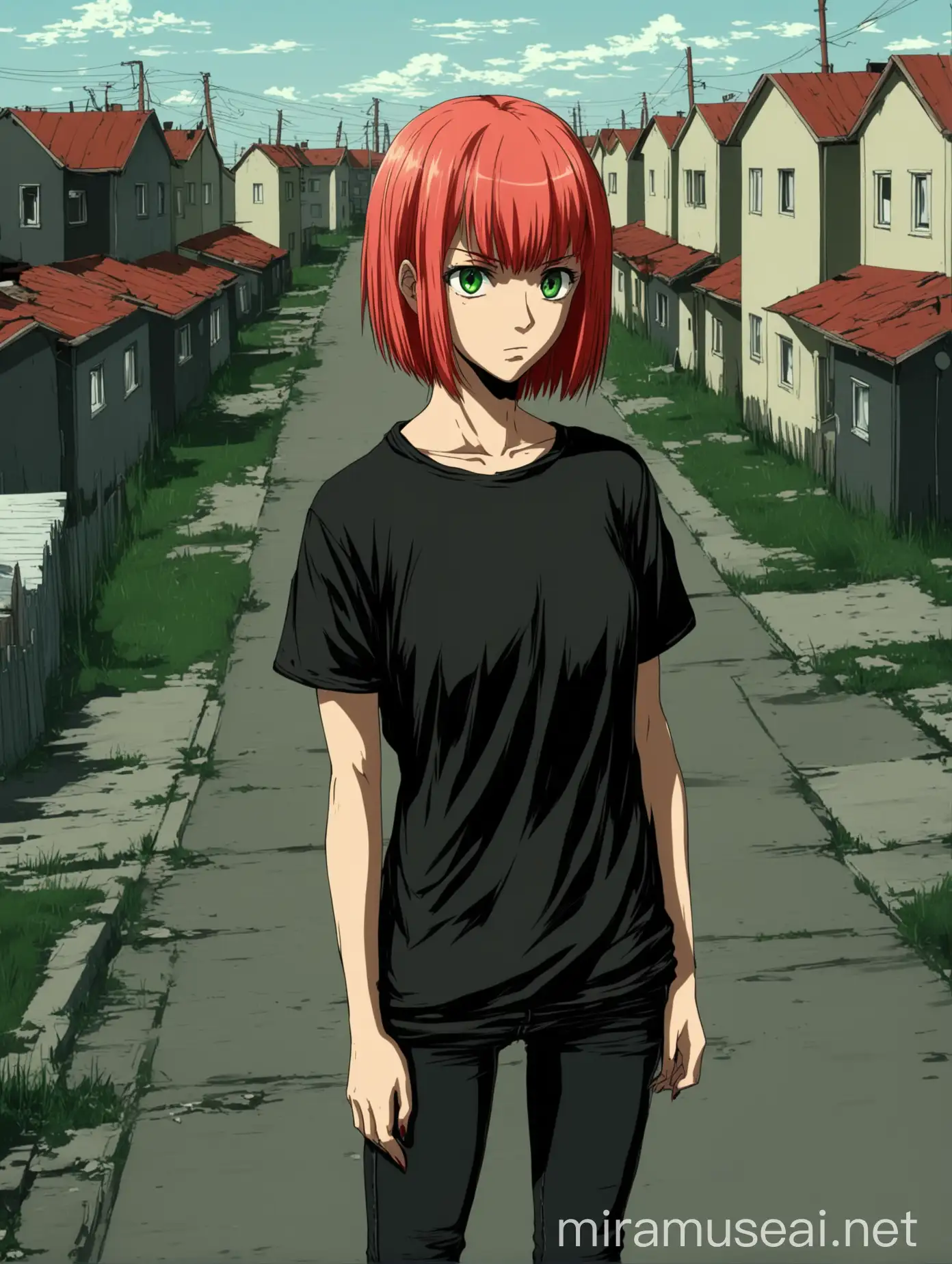 Anime woman in early 20-es, black t-shirt, black jeans, green eyes, light red mullet haircut, depressive russian neighborhood with Khrushchevkas on background