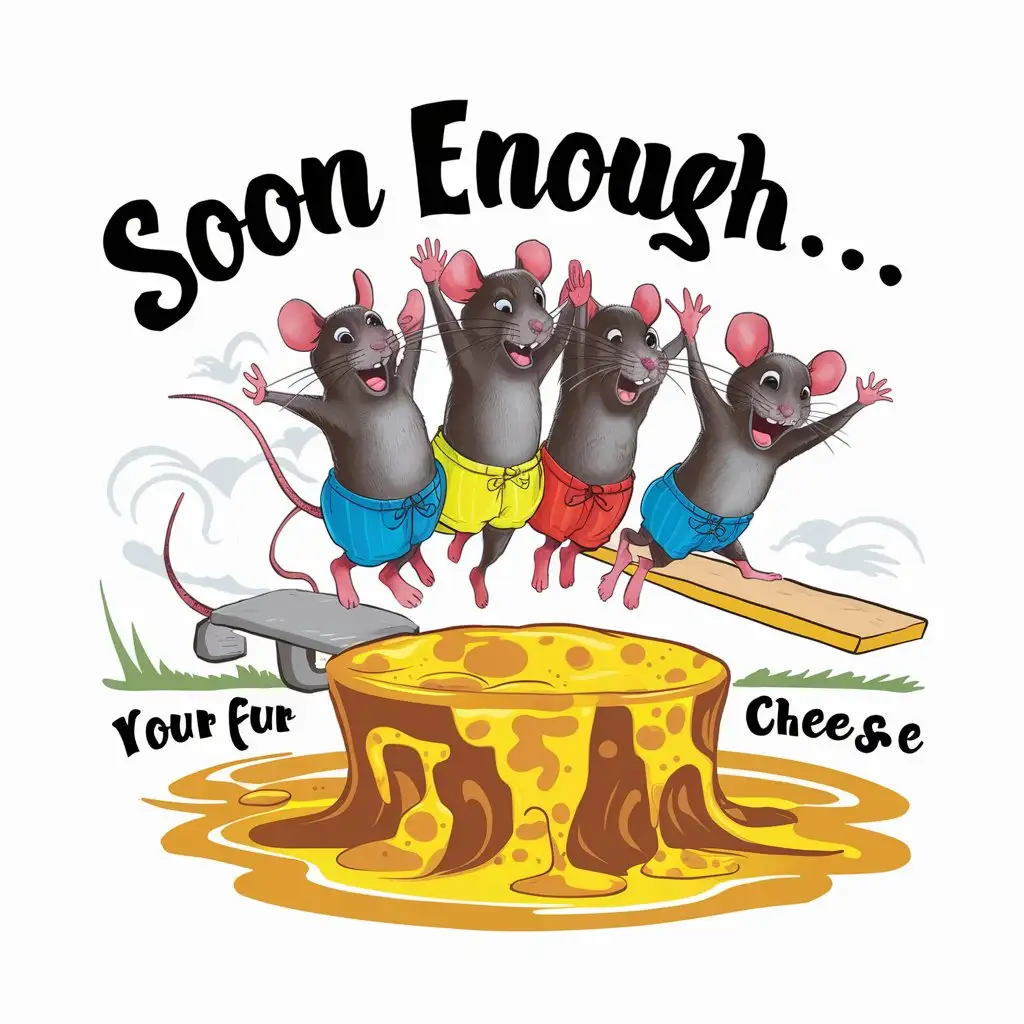 a logo design,with the text "soon enough...", main symbol:Mice in board shorts jumping off of a diving board into a pool of liquid cheese,complex,clear background