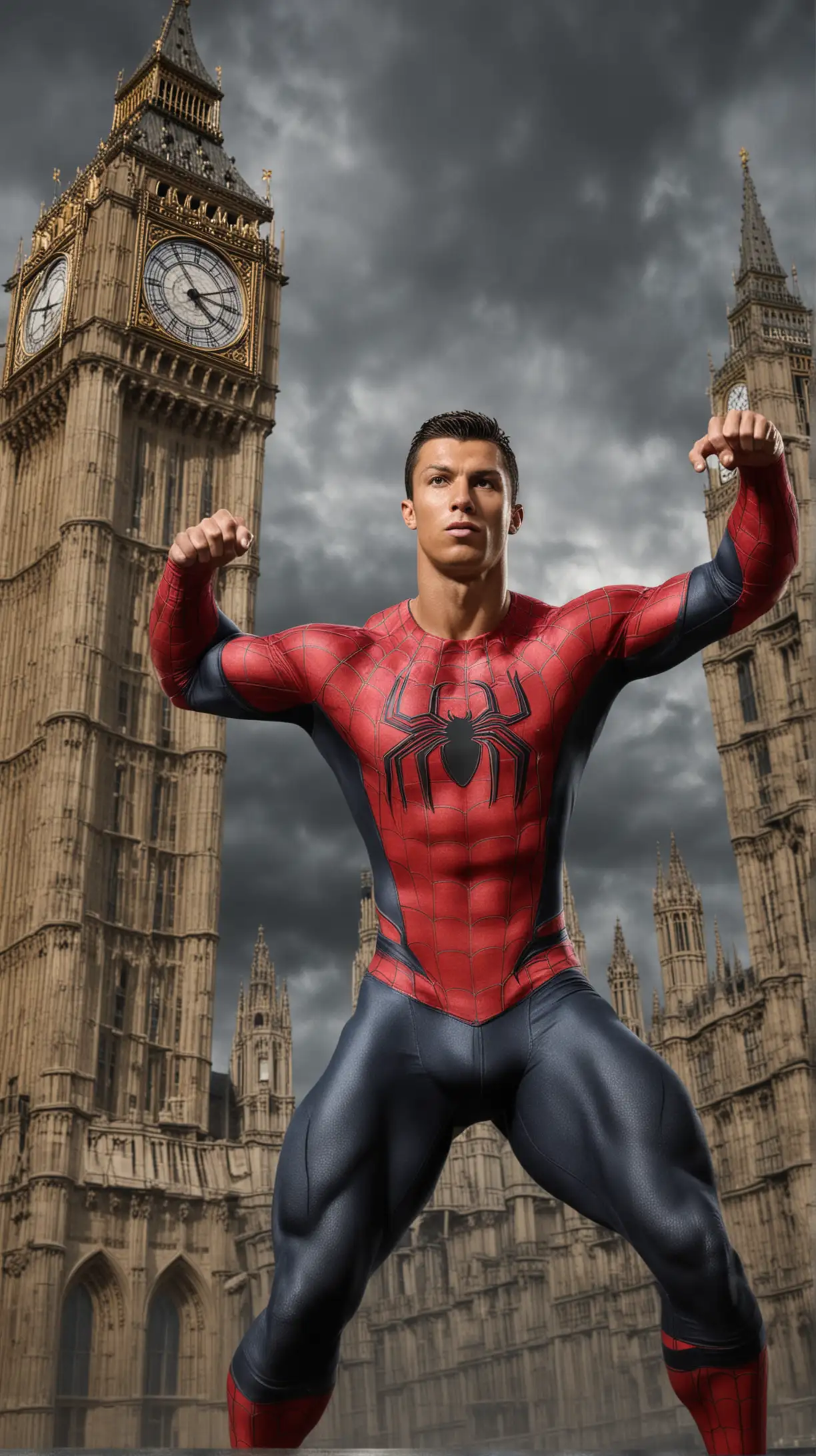 Cristiano Ronaldo as Spiderman, very muscular, big Ben background 