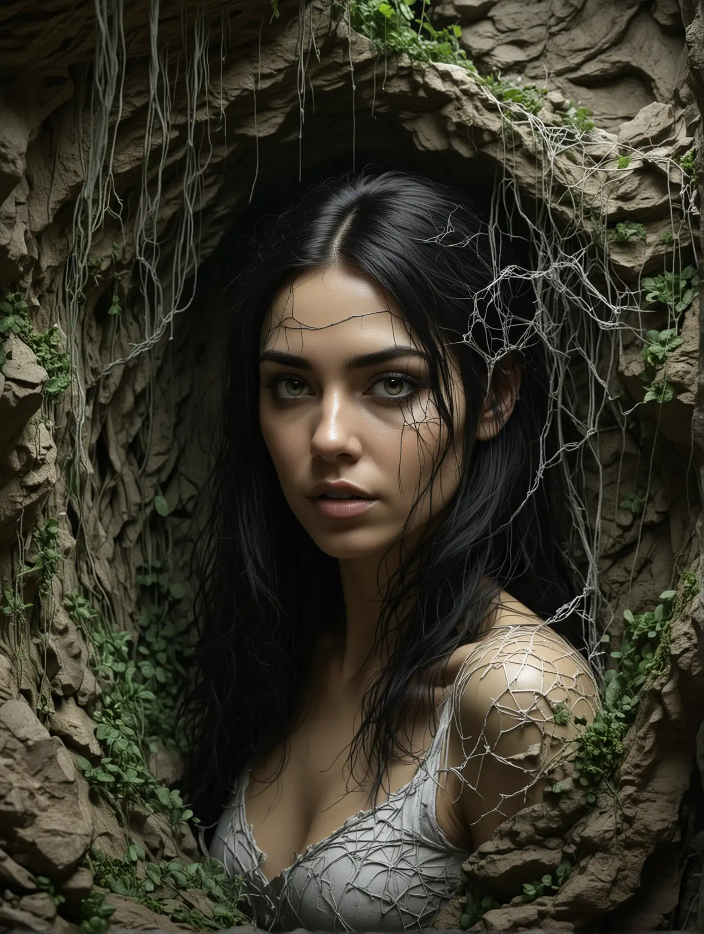Create a 4k white 3d intricate artistic stone art of a beautiful, sexy and stunning face of a British woman in gothic style not looking straight in a deep dark black uneven broken cave, black hair, many cobwebs around cave, spiders across cave, subtle green coloured creepers around cave, matt finish, dynamic lighting 