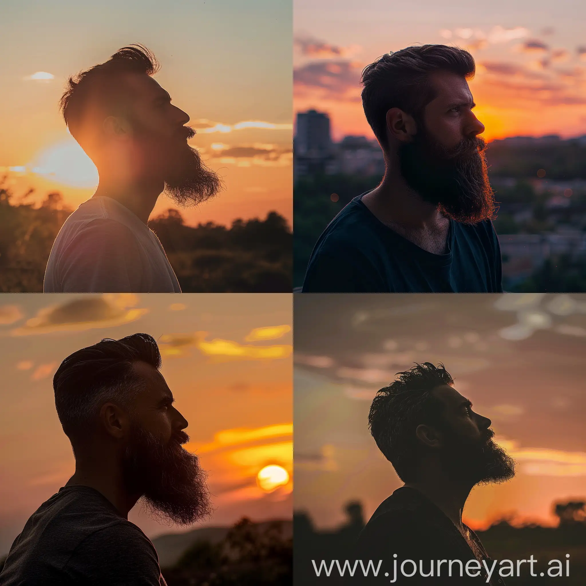 a beard man with his back to the sunset