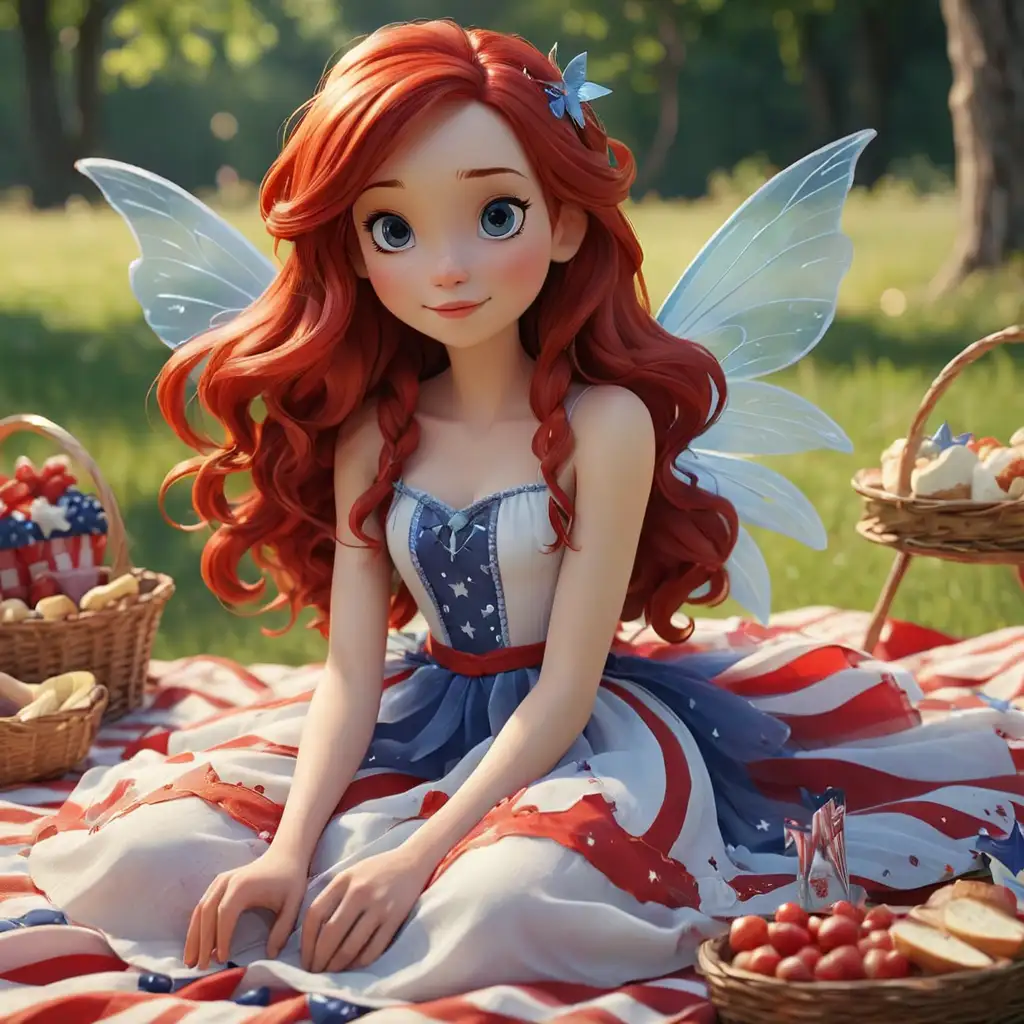A beautiful girl fairy, 3D, Disney style, with beautiful fairy wings, in a whimsical 4th of July picnic, dressed in red, white, and blue long dress, long red hair 1 head