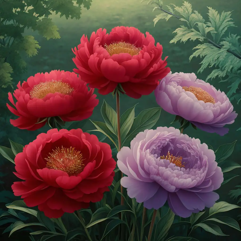Outstanding, realistic, high-quality, 8K, high-resolution, realistic, masterpiece, best quality, super detailed, five red peonies (1.3), two purple peonies, lush green leaves