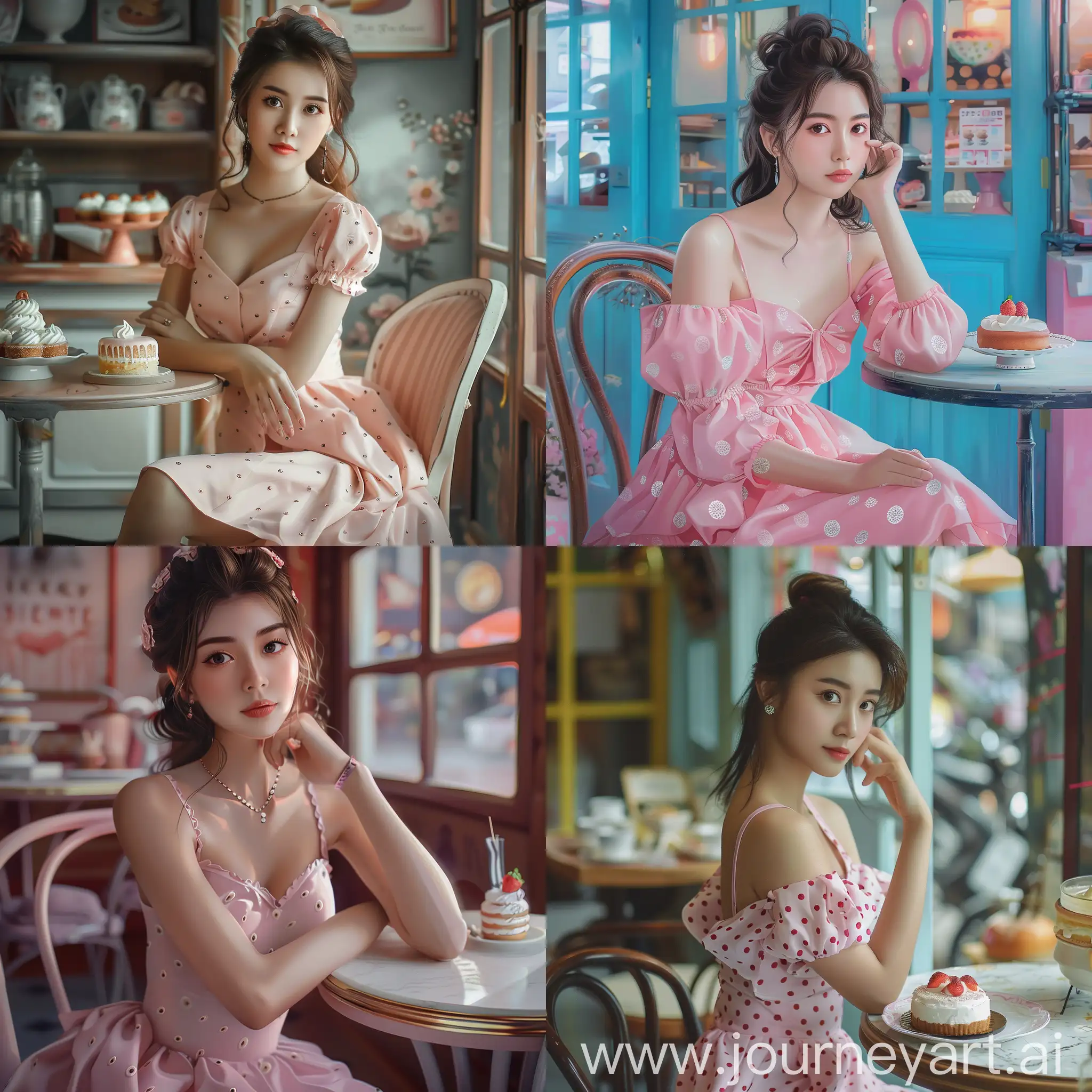 A young Thai woman with white skin, beautiful like a princess, 20 years old, sweet eyes, beautiful brown eyes, dark brown hair tied back, wearing a modern short dress in pink with big white polka dots, sitting on a chair in a cozy bakery with 1 small cake on a small table. Realistic image, bright colors, 64K resolution.