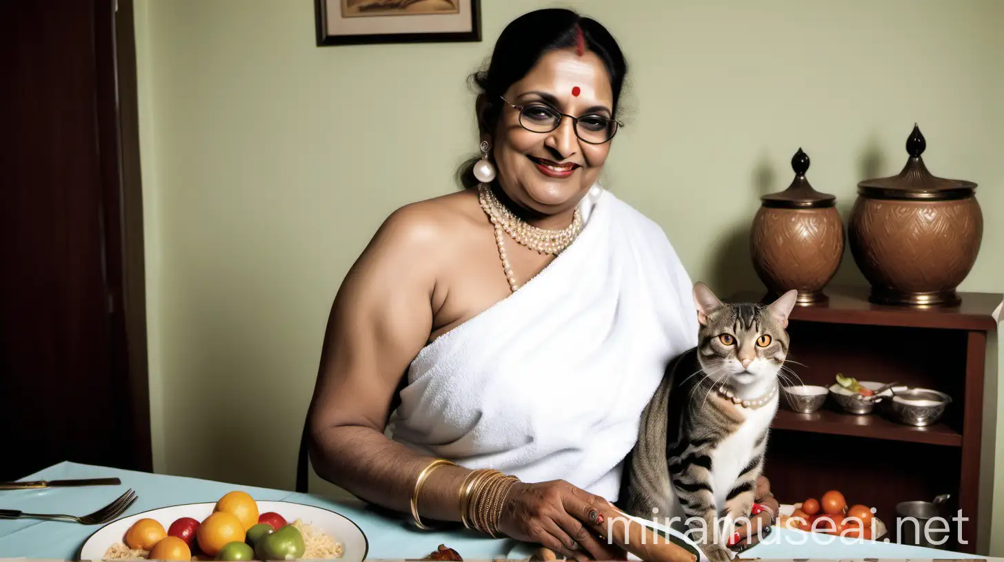 
A indian mature  fat woman having big stomach age 49 years old attractive looks with make up on face ,binding her high volume hairs, Gajra Bun Hairstyle ,wearing metal anklet on feet and high heels, smoking a cigar  in her hand   , smoke is coming out from cigar  . she is happy and smiling. she is wearing pearl neck lace in her neck , earrings in ears, a power spectacles on her eyes and wearing  only a  white velvet  bath towel on her body. she is holding a big fish ,she is sitting infront of a dining table ,on dining table fish fry and rice plate and some fruits are there,  with many cats sitting in luxurious dining hall, morning time. show full body from top to bottom and show a long shot frame.