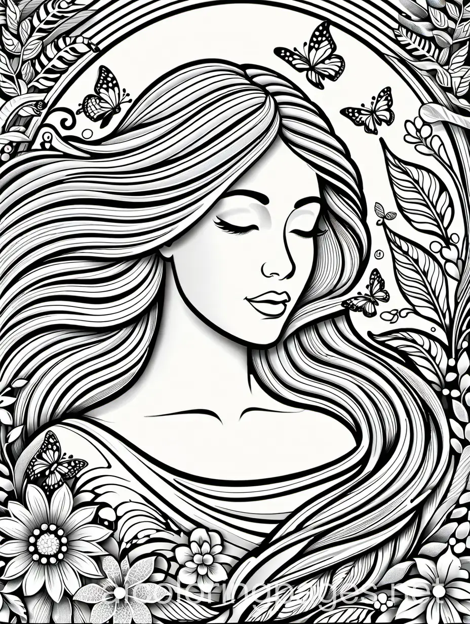 Generate a detailed coloring page that celebrates the theme of motherhood intertwined with nature, evoking a sense of serenity and tranquility. The central focus should be on a mother figure surrounded by lush foliage, blooming flowers, and gentle wildlife. The mother should exude warmth and tenderness, with flowing hair and serene facial features. Birds chirp in the trees above, while butterflies flit among the flowers. The scene should invite relaxation and mindfulness, offering plenty of intricate details for coloring and personalization. The lines should be clear and bold, without any shading or grayscale, allowing for vibrant coloring with ink or markers, Coloring Page, black and white, line art, white background, Simplicity, Ample White Space. The background of the coloring page is plain white to make it easy for young children to color within the lines. The outlines of all the subjects are easy to distinguish, making it simple for kids to color without too much difficulty