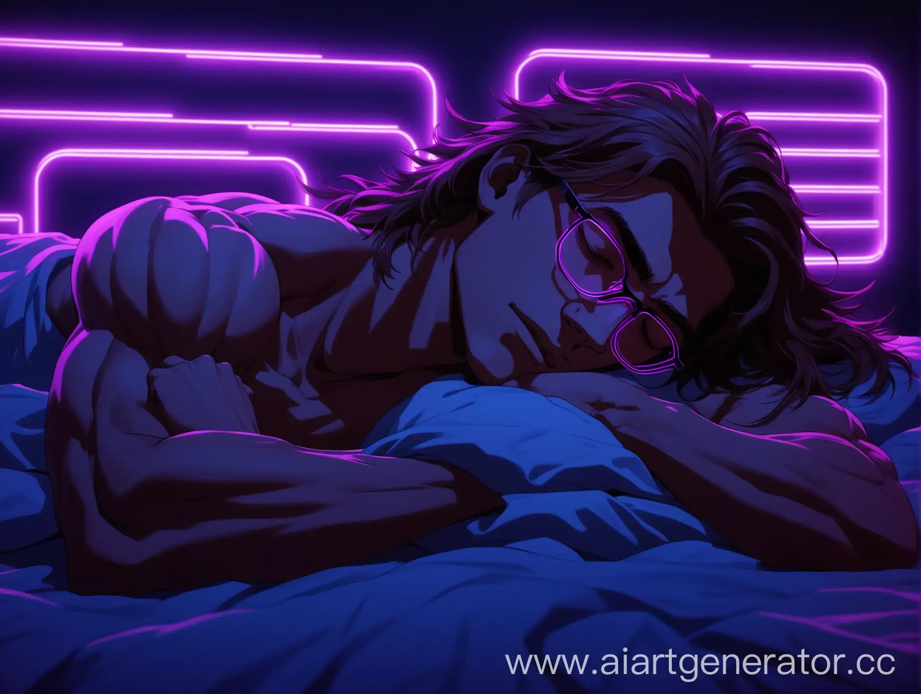 Мускулистый, спортивный парень 18 лет с длинными каштановыми волосами и в очках, лежит на кровати, в тёмной комнате с фиолетовыми неонами, спит