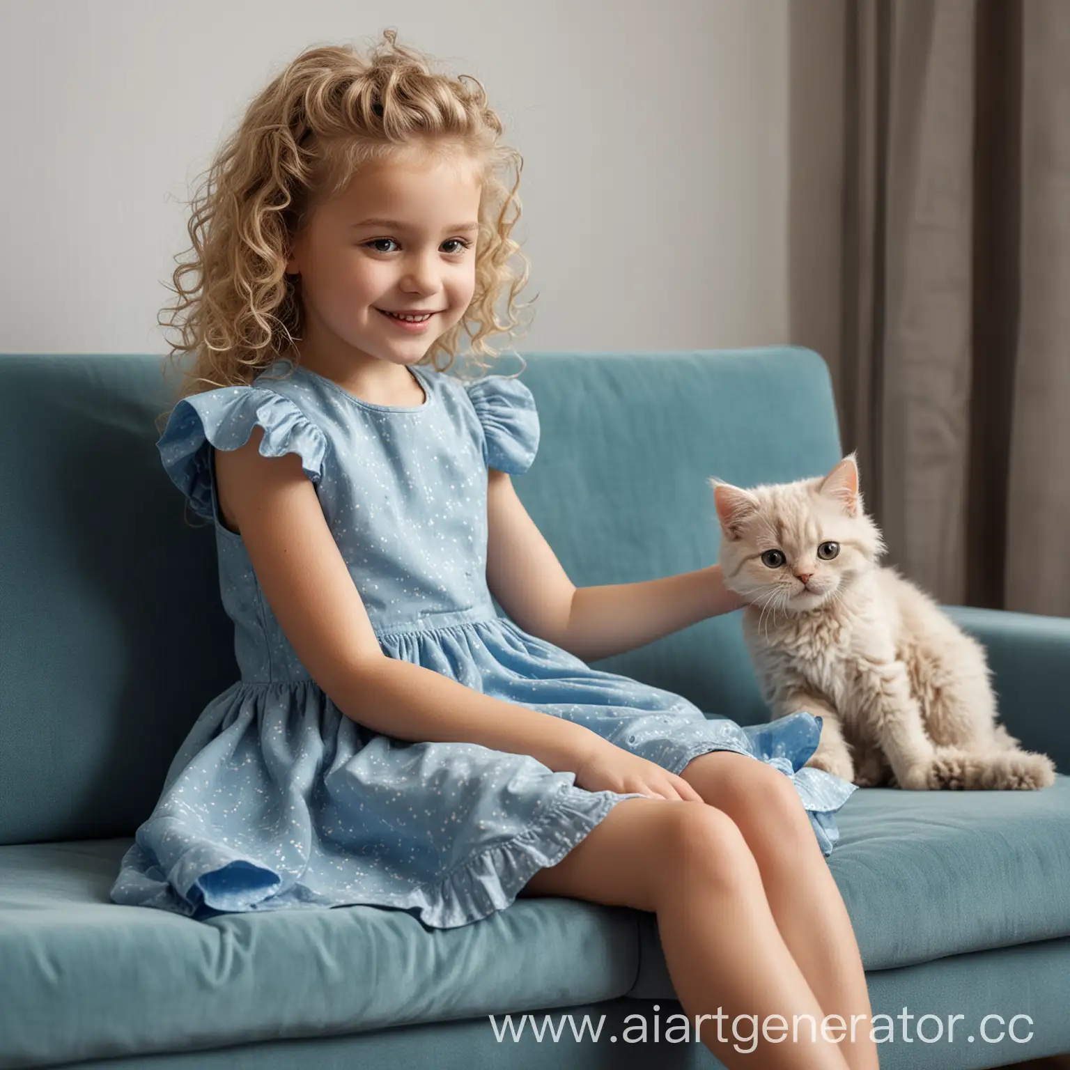 Реальное фото. Девочка 5 лет сидит на диване в детской комнате и играет с роботизированным котом. На ней голубое платье и светлые кудрявые волосы, она улыбается.