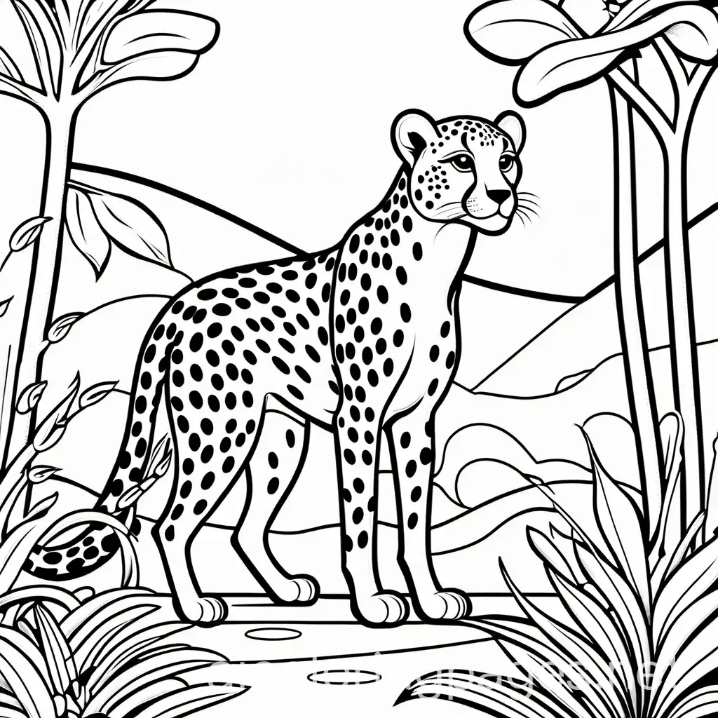 happy cheetah in the zoo, Coloring Page, black and white, line art, white background, Simplicity, Ample White Space. The background of the coloring page is plain white to make it easy for young children to color within the lines. The outlines of all the subjects are easy to distinguish, making it simple for kids to color without too much difficulty