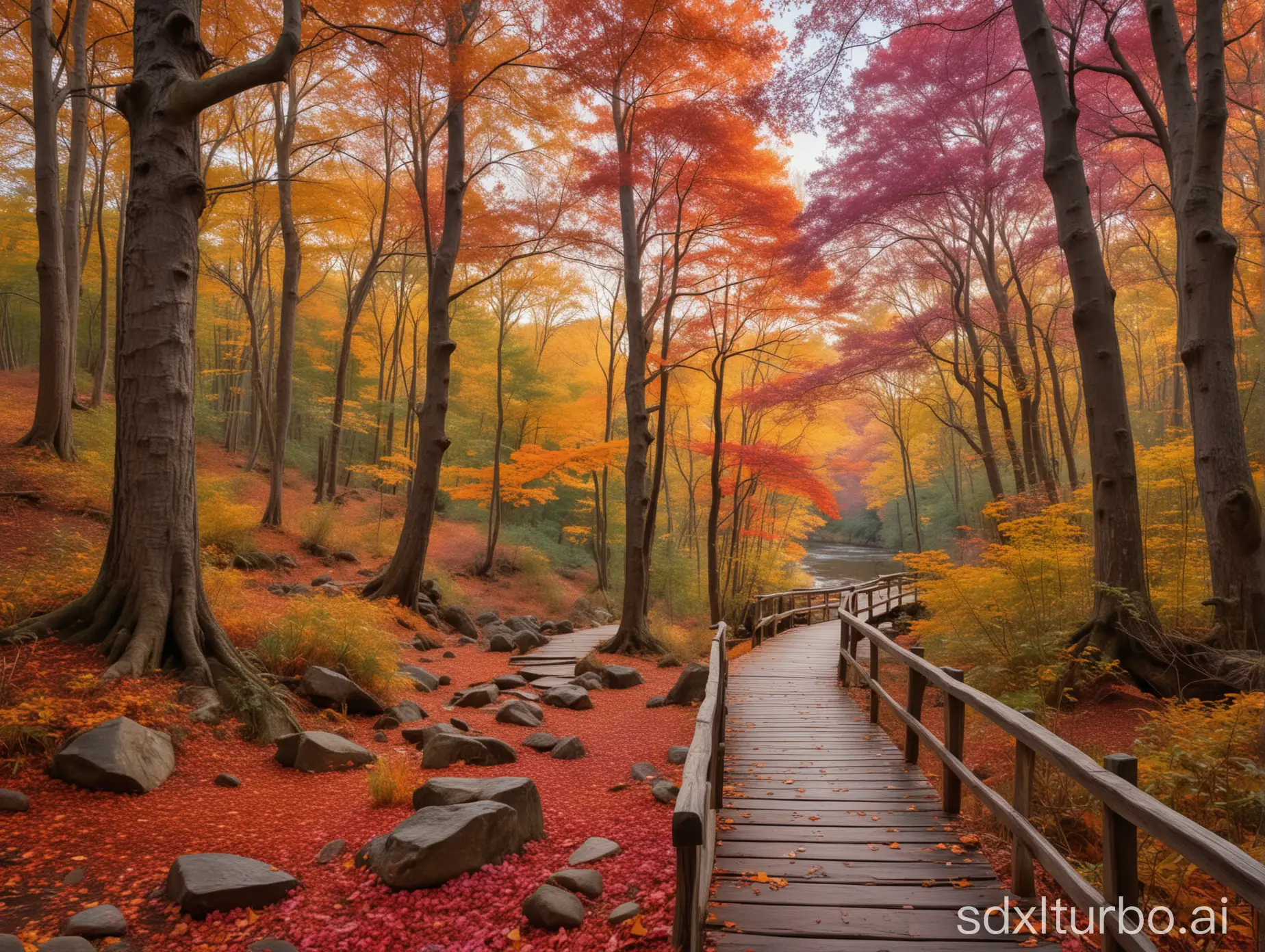 A serene autumn landscape with vibrant fall colors. In the foreground, a winding path meanders through a lush forest with towering oak and maple trees ablaze in shades of fiery red, vivid orange, and warm golden yellows. Their fallen leaves carpet the path in a stunning kaleidoscope of colors. The path leads toward a small wooden bridge arching over a babbling brook, its waters reflecting the colorful canopy above. In the distance, rolling hills dotted with more autumnal trees stretch out to meet a horizon painted in soft pinks and purples from the setting sun. Wispy clouds streak across the sky, casting gentle shadows over the idyllic scene. The crisp autumn air is alive with the earthy scents of decaying leaves and pine needles.