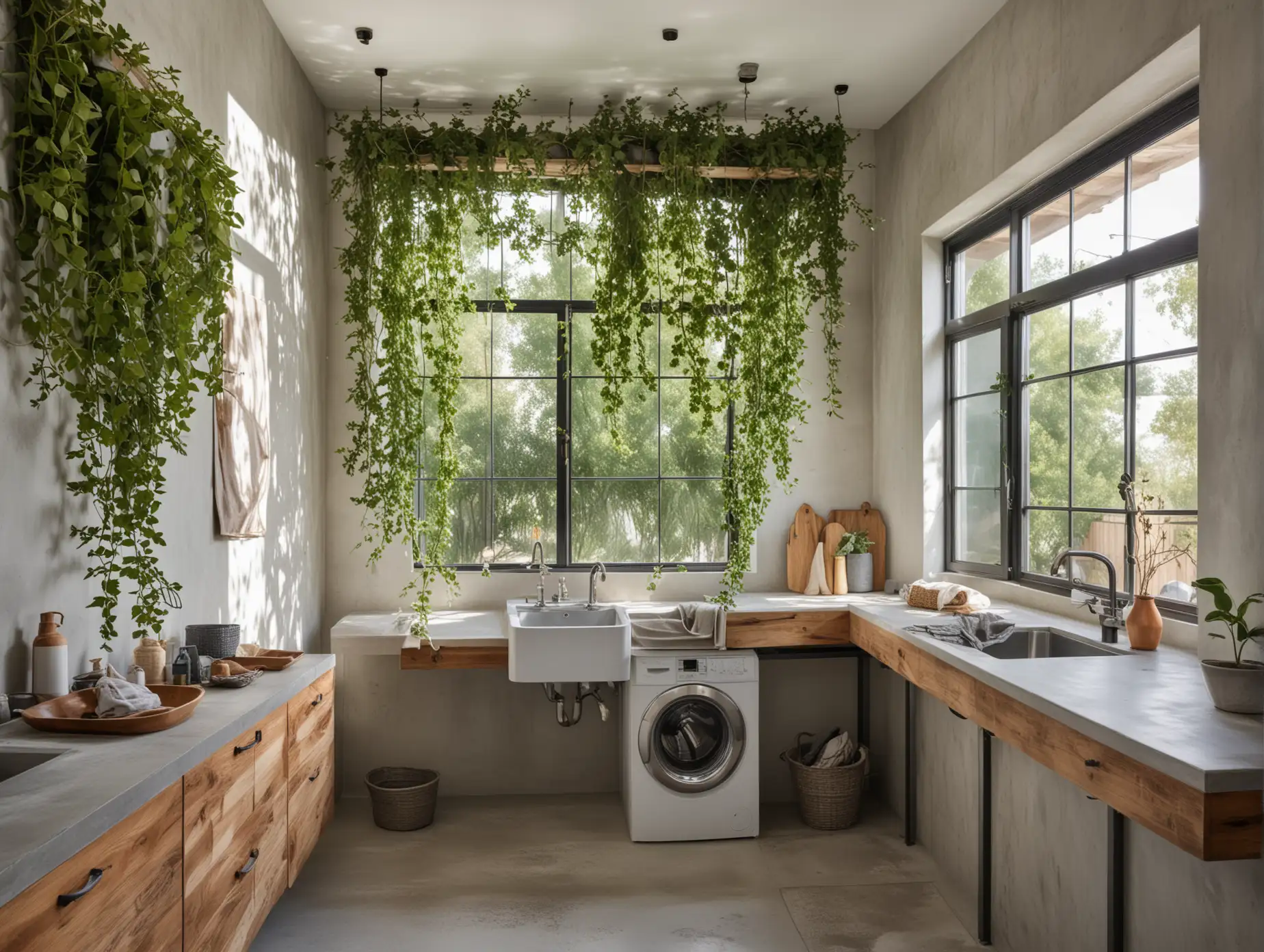 Illustrate a modern laundry room flooded with sunlight from windows overlooking a courtyard with a feature wall draped in climbing vines, featuring polished concrete sink basins, wooden sticks decor adorning the walls, and retractable hanging lines for air drying laundry.