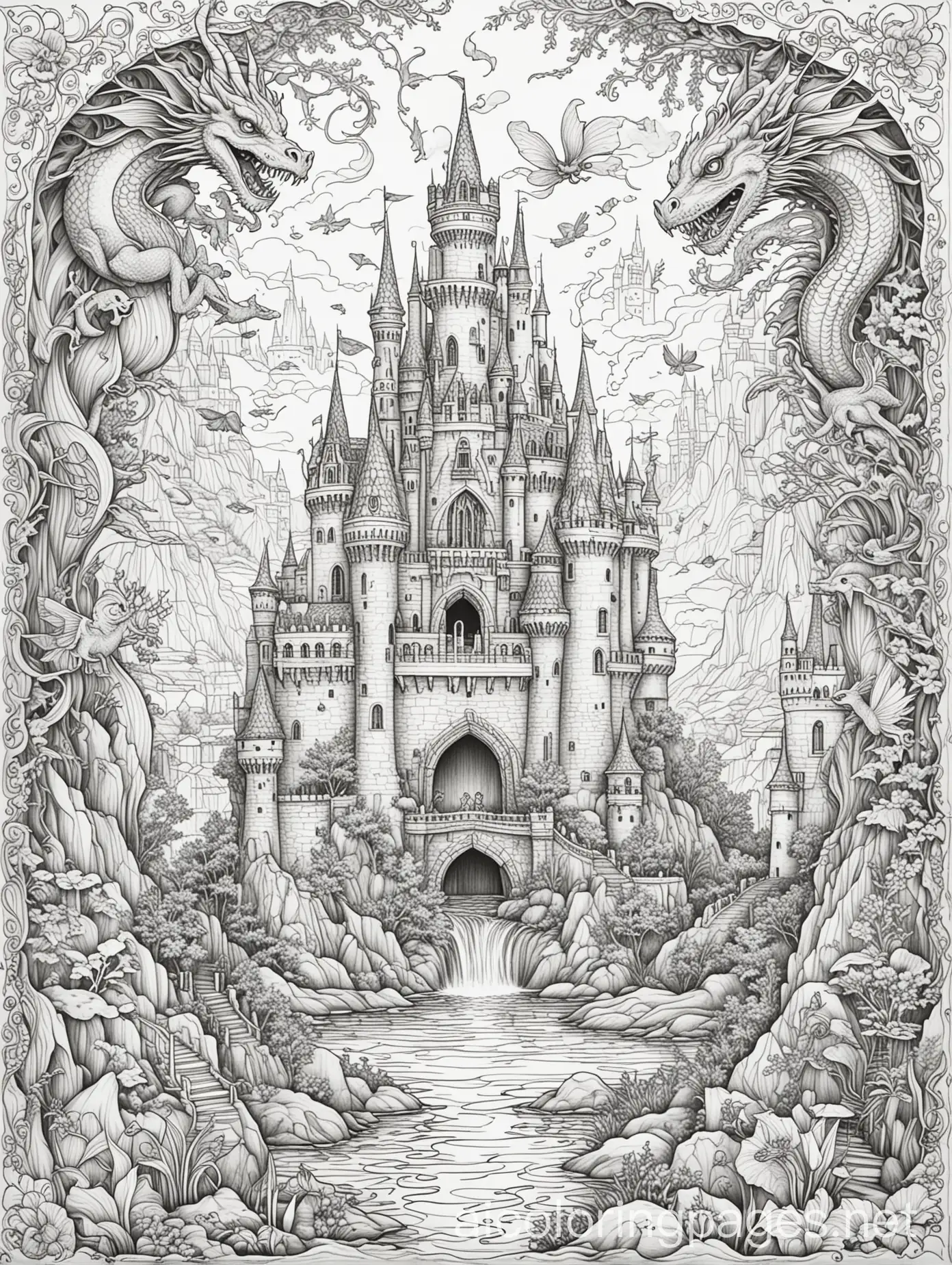 massive castle with a dragon in the sky and fairies around and mermaids in the water surrounding. , Coloring Page, black and white, line art, white background, Simplicity, Ample White Space. The background of the coloring page is plain white to make it easy for young children to color within the lines. The outlines of all the subjects are easy to distinguish, making it simple for kids to color without too much difficulty