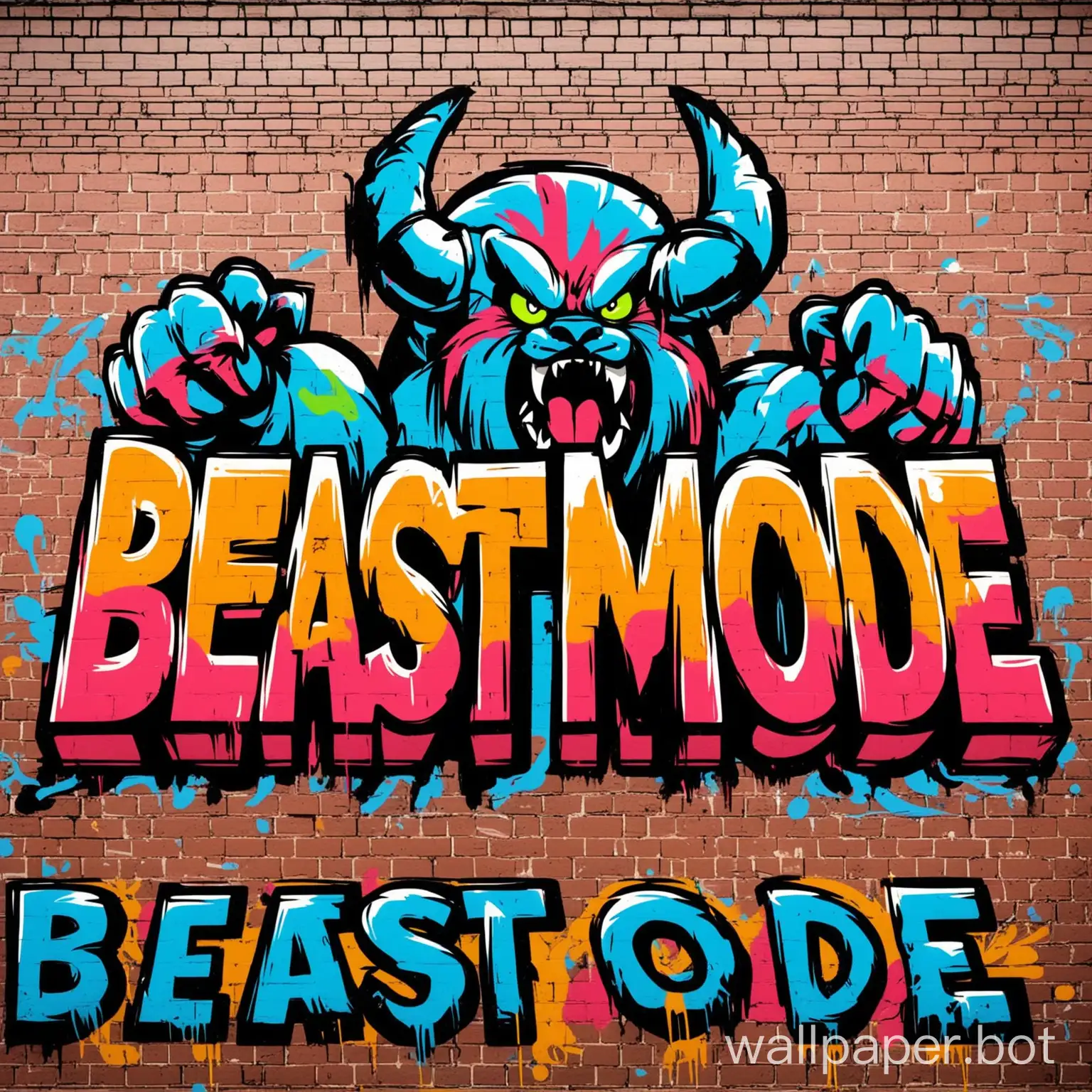 the word beast mode written in graffiti style art on a brick building, multicolor, big bold letters with black outline, high quality