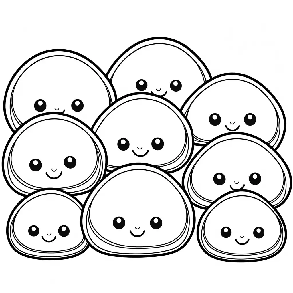 A group of jellybeans, each with a different color and a sweet face. The jellybeans should have big, round eyes and small hands and feet., Coloring Page, black and white, line art, white background, Simplicity, Ample White Space. The background of the coloring page is plain white to make it easy for young children to color within the lines. The outlines of all the subjects are easy to distinguish, making it simple for kids to color without too much difficulty