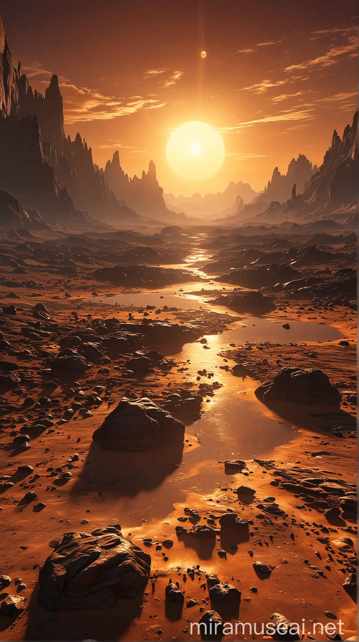 Alien Planet Landscape with Dual Suns Setting Rocky Terrains and Distant Mountains