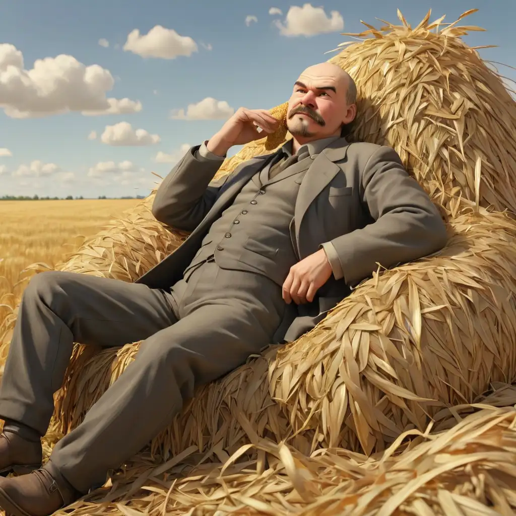 расслабленный Ленин лежит на стоге сена с колоском во рту. в полный рост. без фона. стиль реализм, 3д-анимация. 