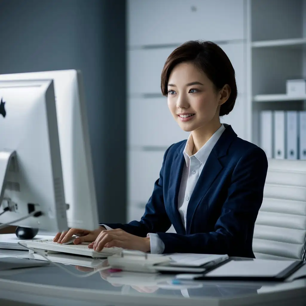 In the office, a beautiful young Asian professional woman sits at her desk, 5 years old, smart, beautiful, generous, and focused on her work on the computer. She was dressed in formal business clothes and her hair was neatly combed. And uses a variety of office software and tools to accomplish her tasks. The whole scene is full of professional, efficient and positive atmosphere