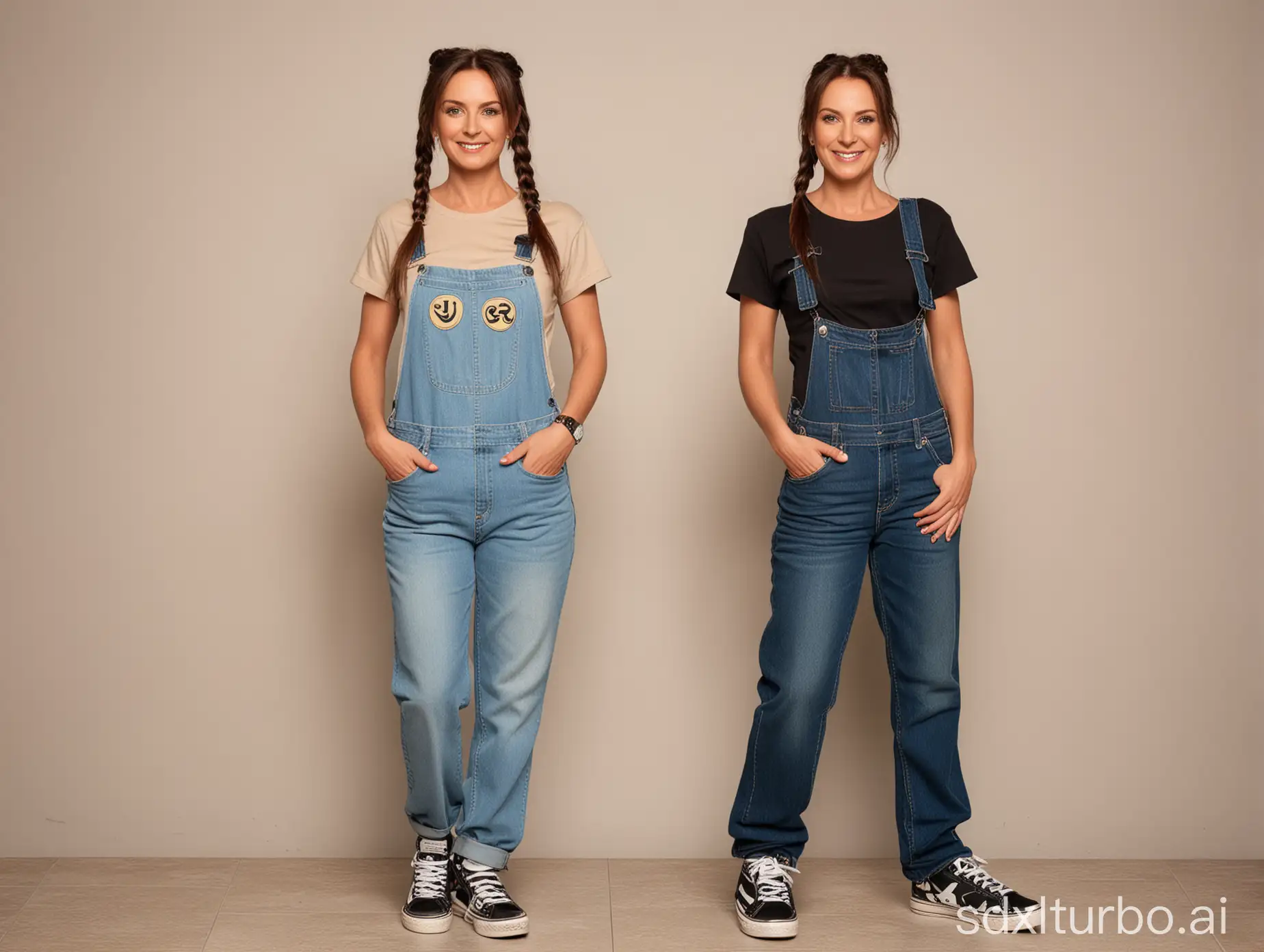 A cool romanian woman; 52 years old, green eyes, wearing a pair of long pigtails with dark brown locks, dressed in a light beige T-shirt adorned with a teenager symbol , jeans overalls, wearing black sneakers witha smile in a full body standing photo.