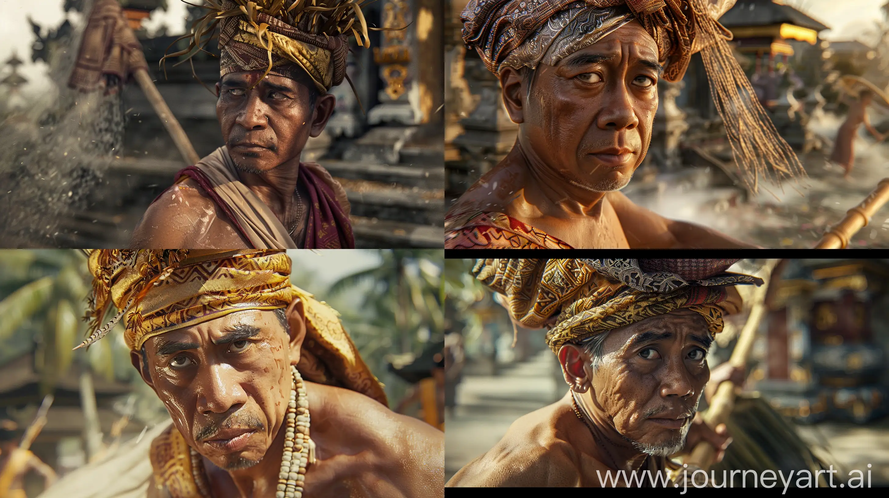 Indonesian Sunda Kingdom, ultra-realistic, especially the Pajajaran Sultanate. You can see a man's face wearing traditional Balinese clothes, without a shirt, wearing a typical Sundanese cloth udeng on his head, he is sweeping around the kingdom. adds a cinematic touch to the scene, cinematic. super realistic, nice detail, --v 6 --ar 16:9