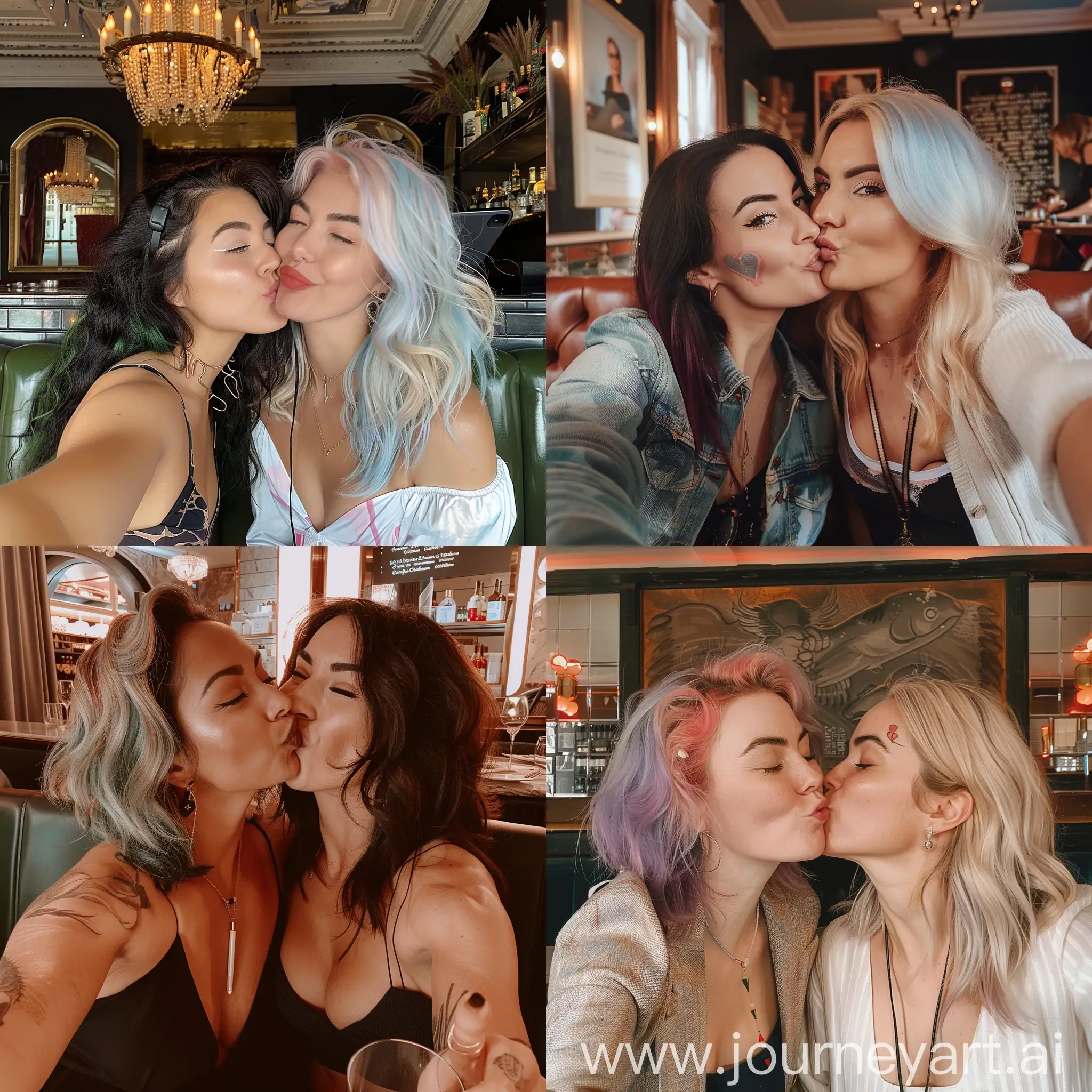 2 beautiful british women with different hair taking selfie in restaurant, couple, kissing cheek --v 6 --