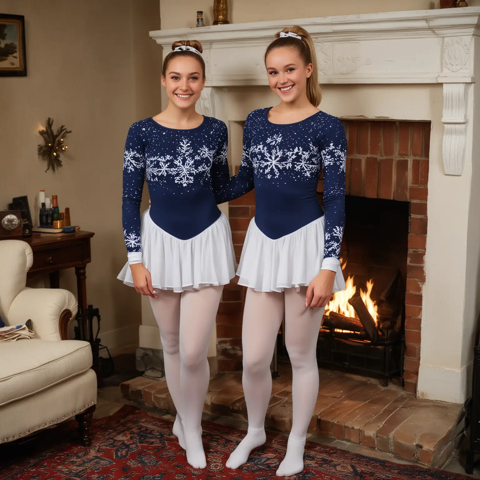 two thin smiling college women, hair in bun, white and navy snowflake costumes with tights and long sleeved leotards, full length, by fireplace