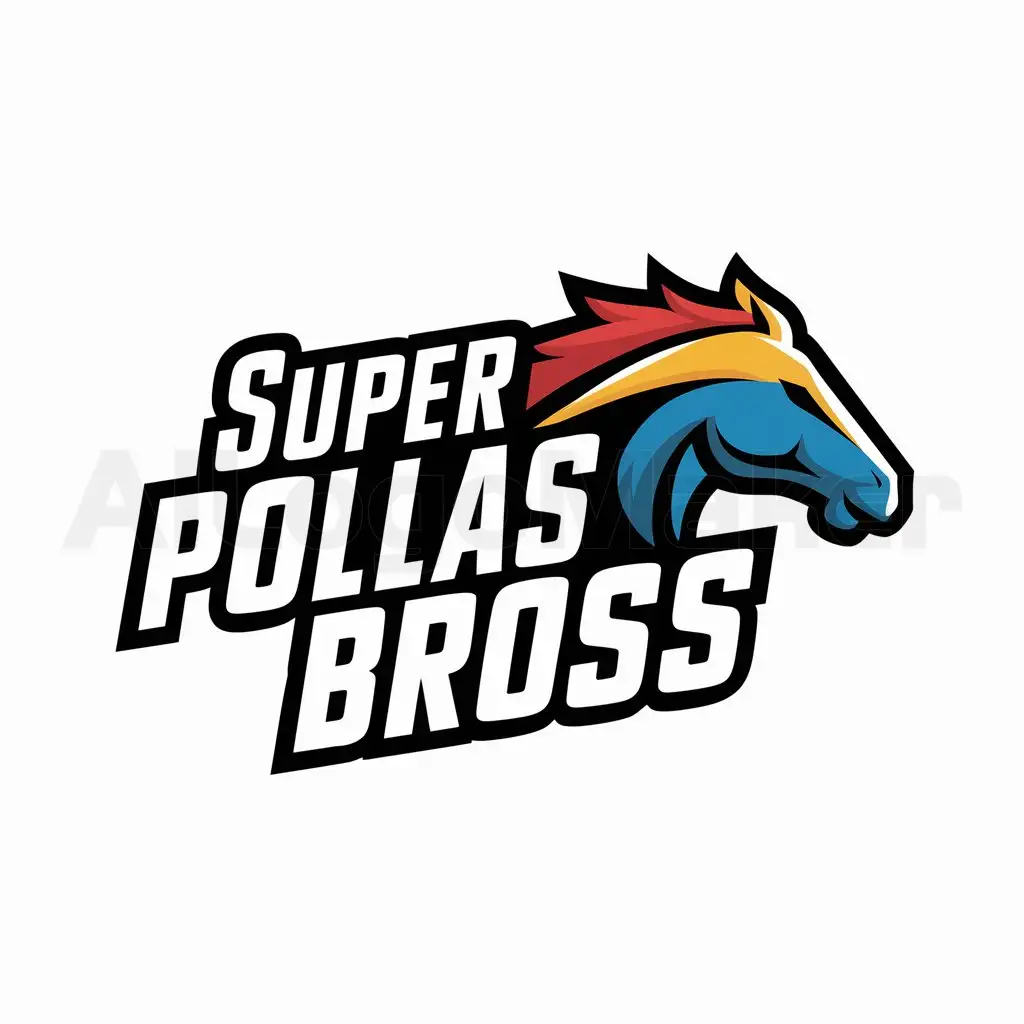 a logo design,with the text "Super Pollas Bross", main symbol:Races of horse hipicondebe be amarillo azul and red,complex,be used in Sports Fitness industry,clear background