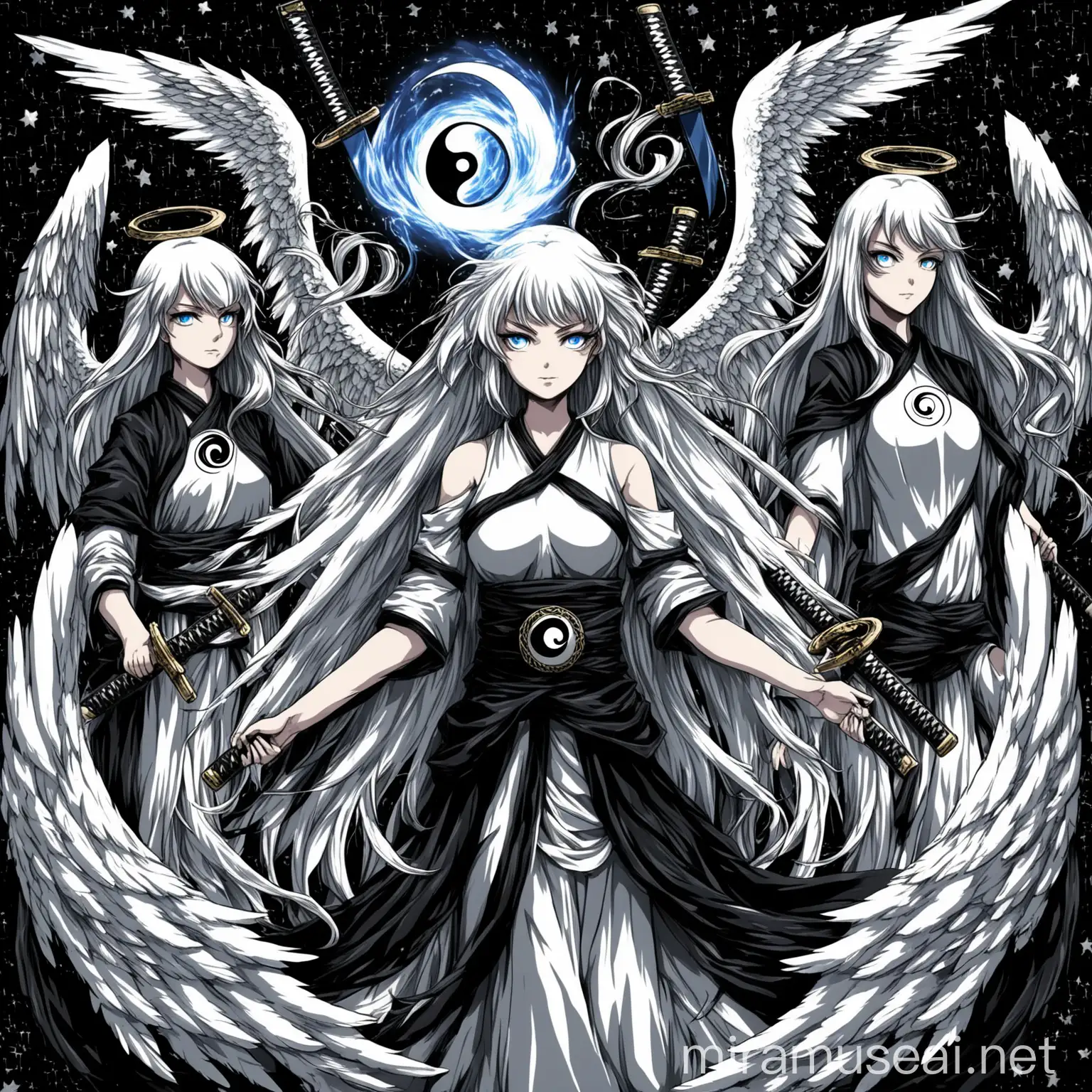 Generate for me an image in anime style but crazy where a girl with long black and white hair holds two katanas one is black with white highlights she possesses 6 angel wings three are white the others black the background is a battlefield with magic and so she comes from above but it's all tied to the ying and yang she herself also represents duality and destiny her eyes are bound it appears a magic formula with what looks like stars with the Duality