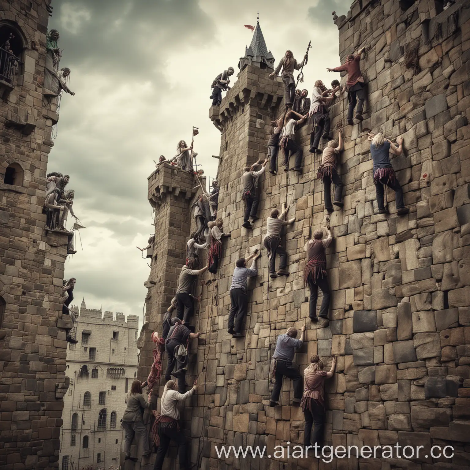 Zombie clients climbing up the wall of a castle demanding for drawings and quotations. Behind the wall of the castle are sales managers and designers.