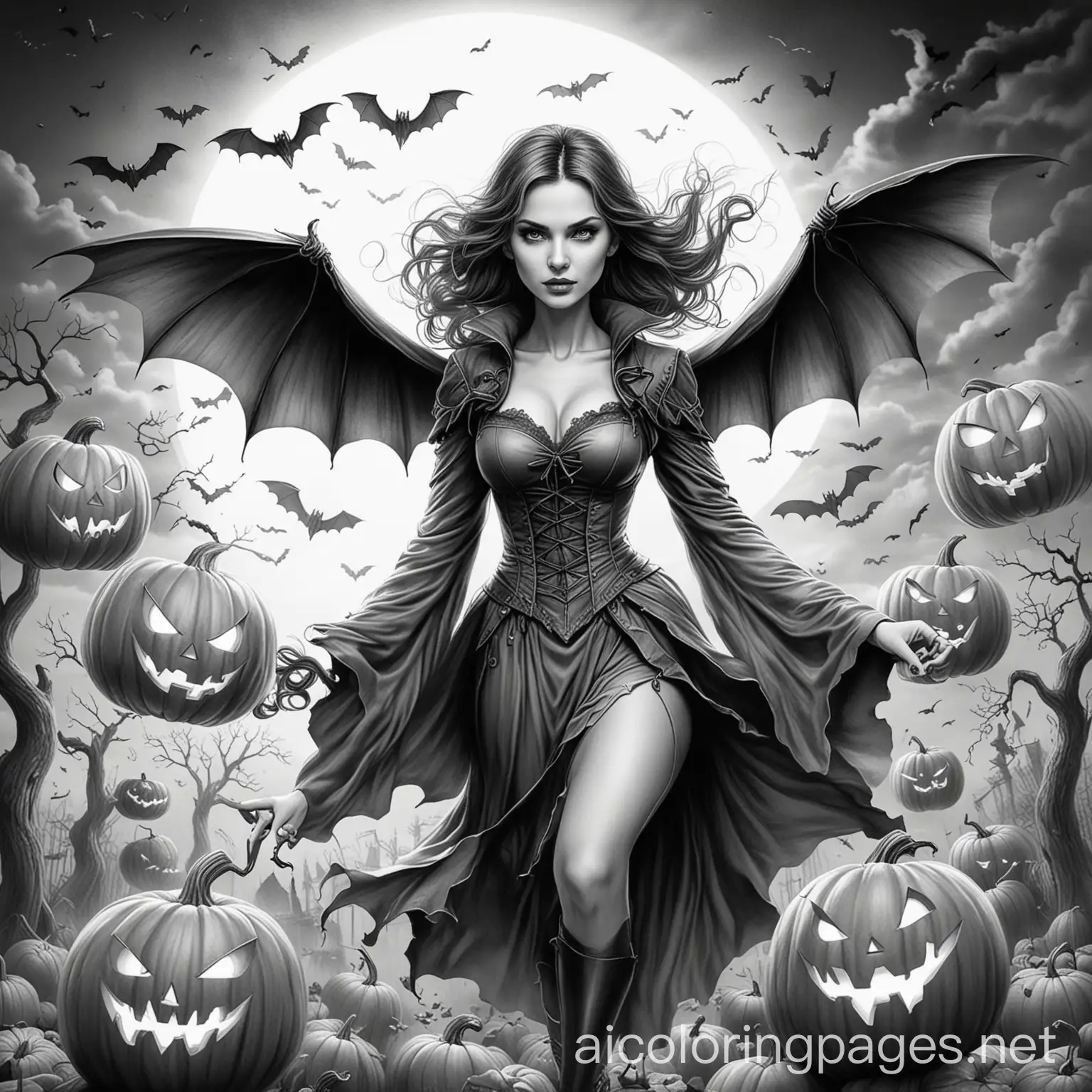 Vampire with Halloween pumpkins flying around her, Coloring Page, black and white, line art, white background, Simplicity, Ample White Space