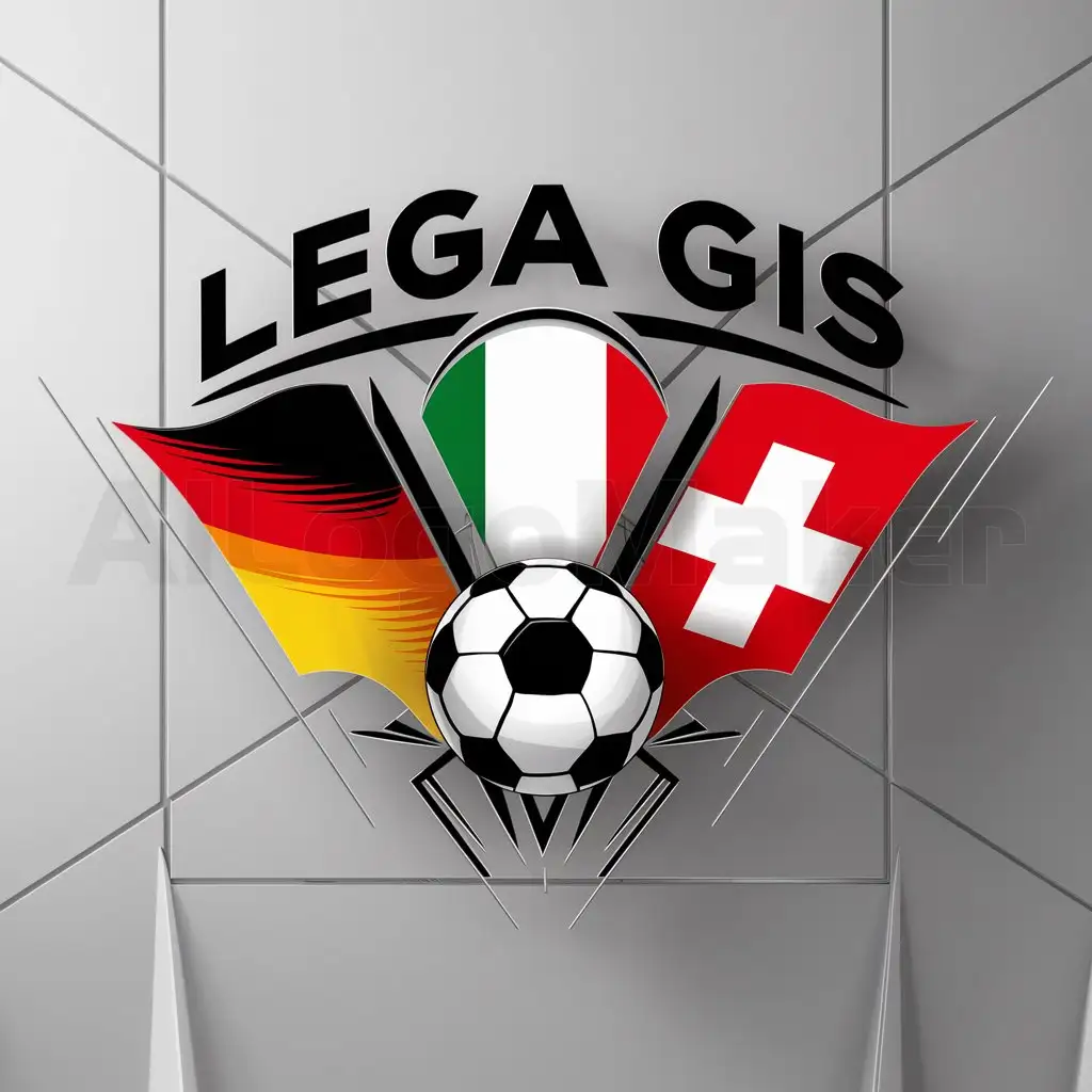 a logo design,with the text "Lega GIS", main symbol:a logo with three flags and a soccer ball. it should be the flags of Germany, Italy and Switzerland.,complex,clear background
