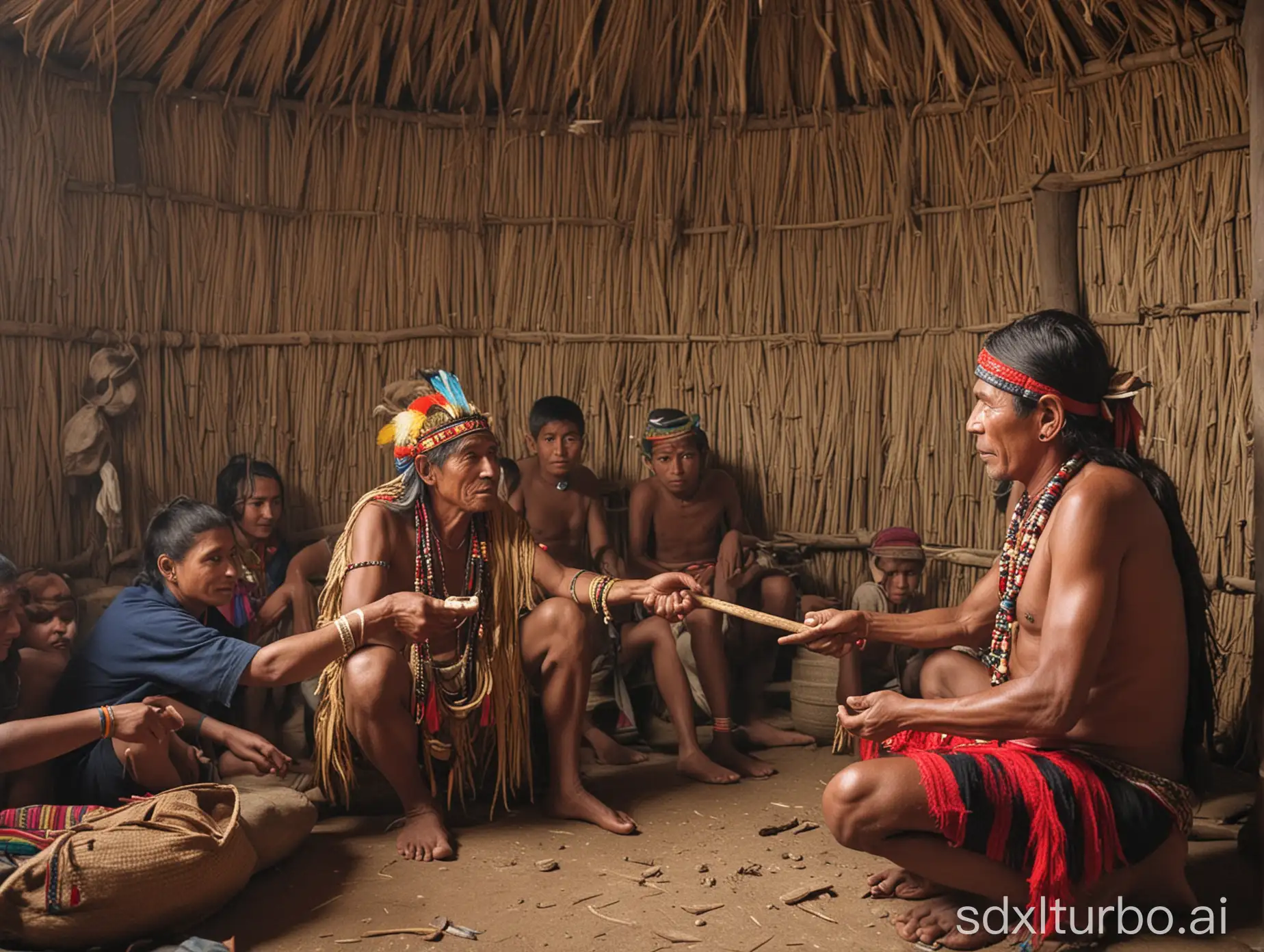 un curandero péruvien donnant du Wachuma à ses patients dans une hutte