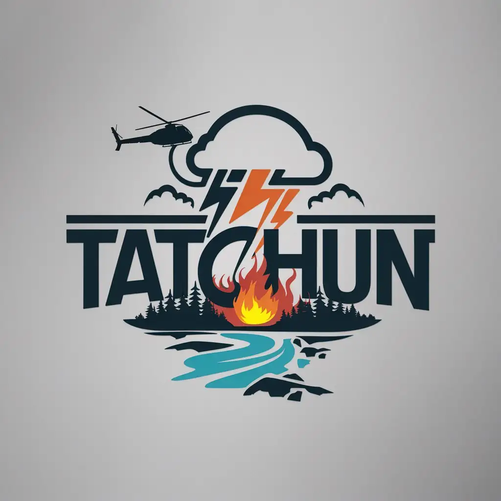 a logo design,with the text "Tatchun", main symbol:Thunderstorm with lightning and a forest fire below. A helicopter is flying in the air. There's a river running along the bottom with some rocky rapids,Moderate,clear background