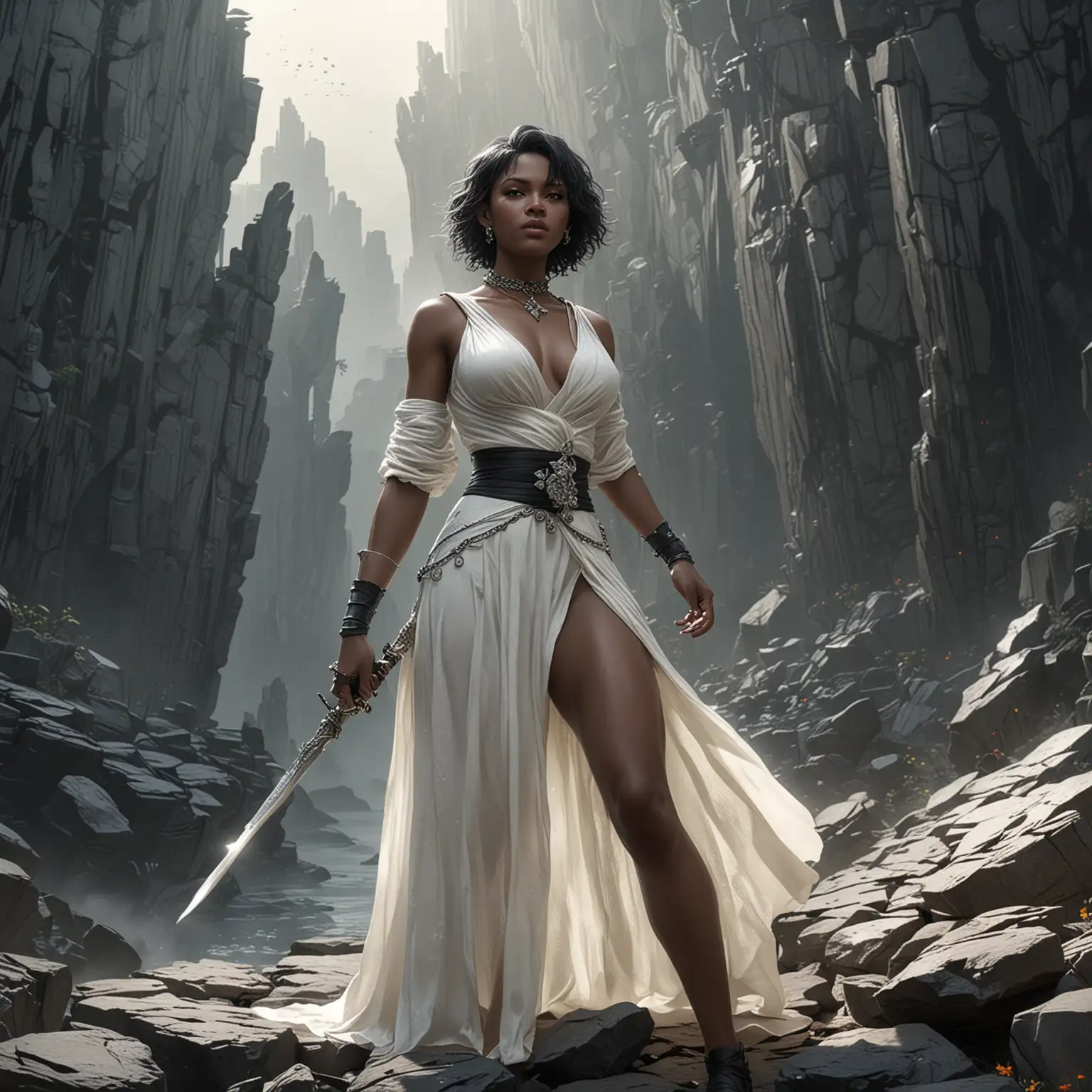 The woman in the image is wearing a white dress and is standing on a rocky surface. She appears to be a character from the video game Nier Replicant. She is holding a sword in her hand, and there is another woman sitting on the rock behind her. The scene seems to be set in a fantasy or futuristic environment, with the woman in the white dress being the main focus of the image.Diamond Jewelry,  Necklace, Rings and earrings.Black woman painterly smooth, extremely sharp detail, finely tuned, 8 k, ultra sharp focus, illustration, illustration, art by Ayami Kojima Beautiful Thick Sexy Black women The woman's body parts such as chest, thigh, stomach, and abdomen are visible