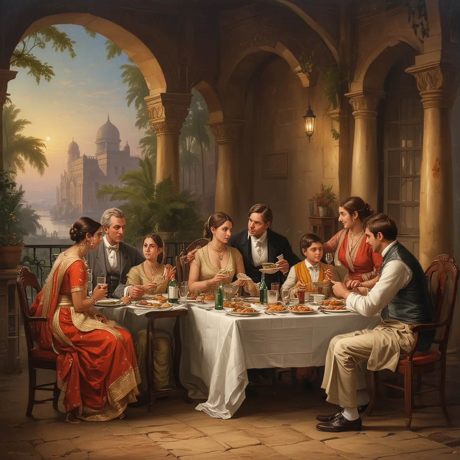 19th Century English Family Dining in Bombay Traditional Scene